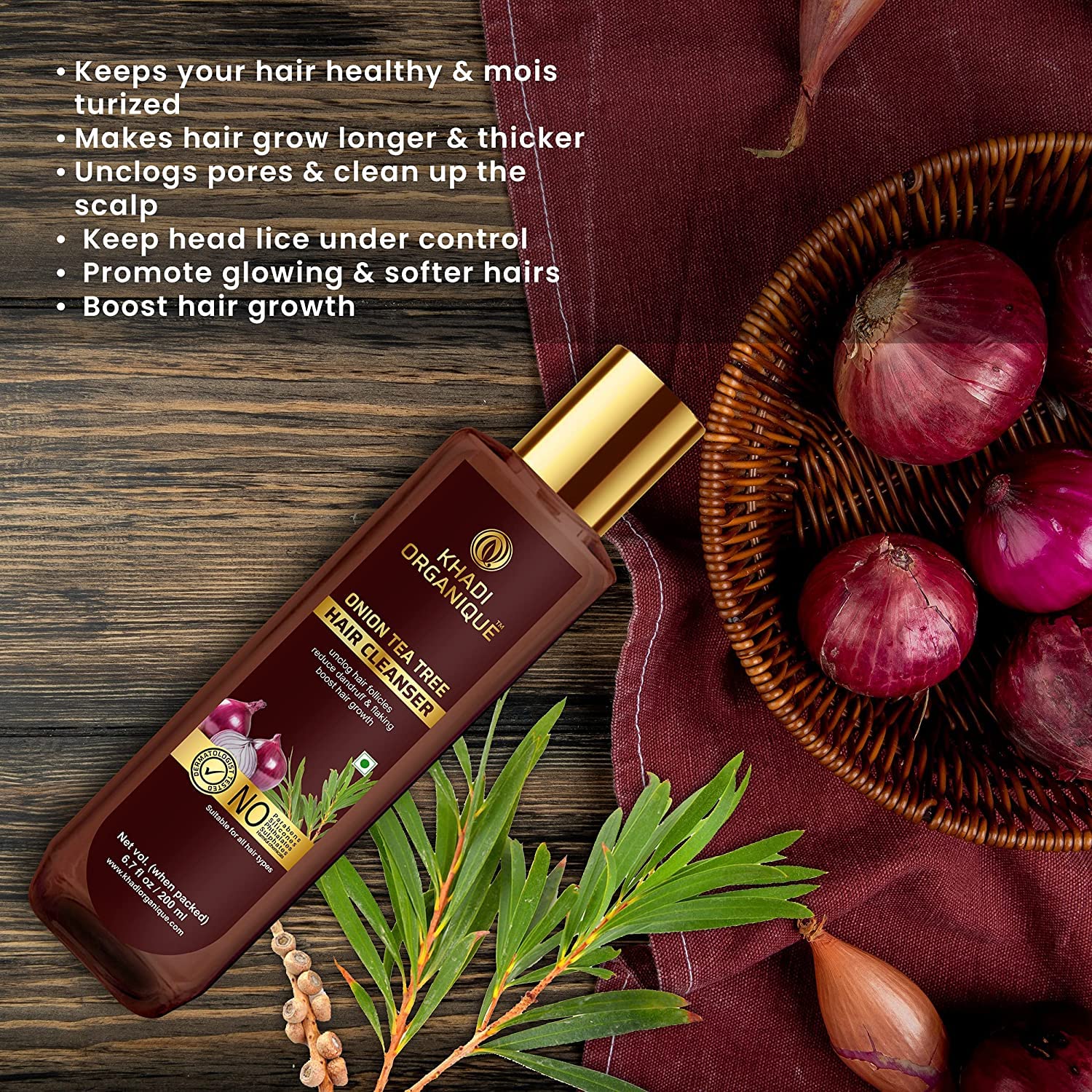 Organique Onion Tea Tree Shampoo for Dandruff Control & Hair Fall Prevention - Paraben Free, Silicone Free 200ml | Gentle Cleanser for Dry Scalp & Thinning Hair Care
