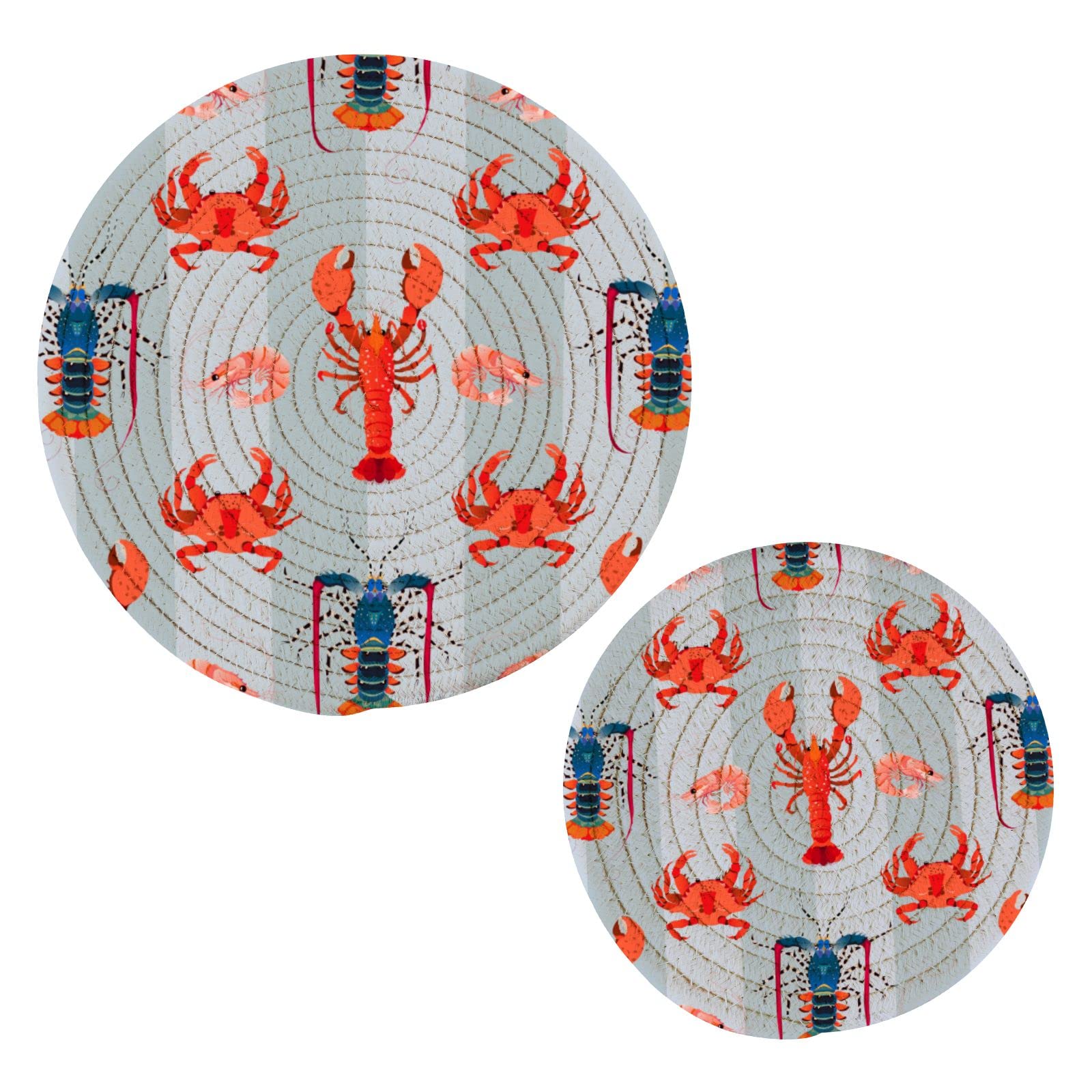 Heat Resistant Crab & Lobster Stripes Pot Holders Set of 2 - Thread Woven Kitchen Potholders & Trivets for Hot Pans, Pots, Bowls & Teapots - Perfect for Cooking, Baking & Kitchen Decor
