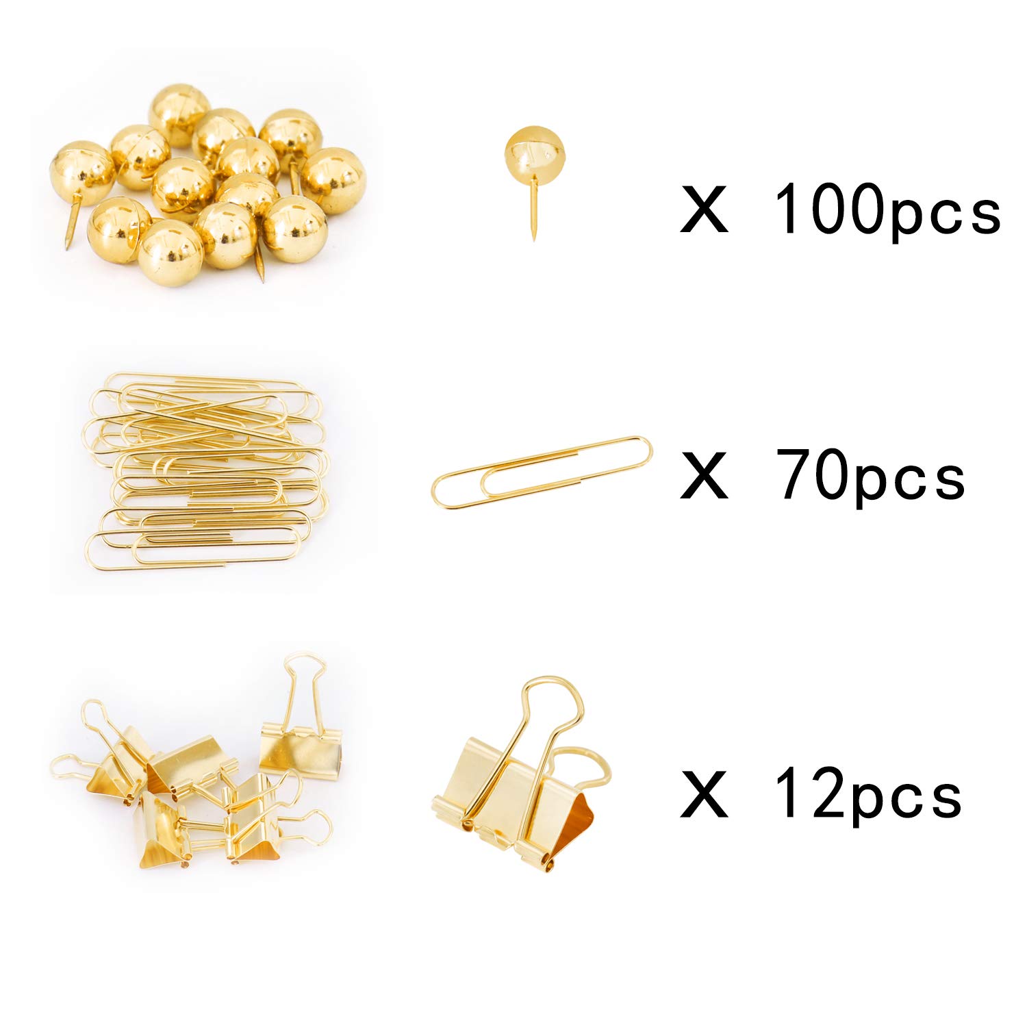 182pcs Gold Binder Clips Set - Large Paper Clips, Binder Clips & Push Pins - Premium Office Supplies for Women - Desk Organizer Accessories for Home Office, School & Workplace