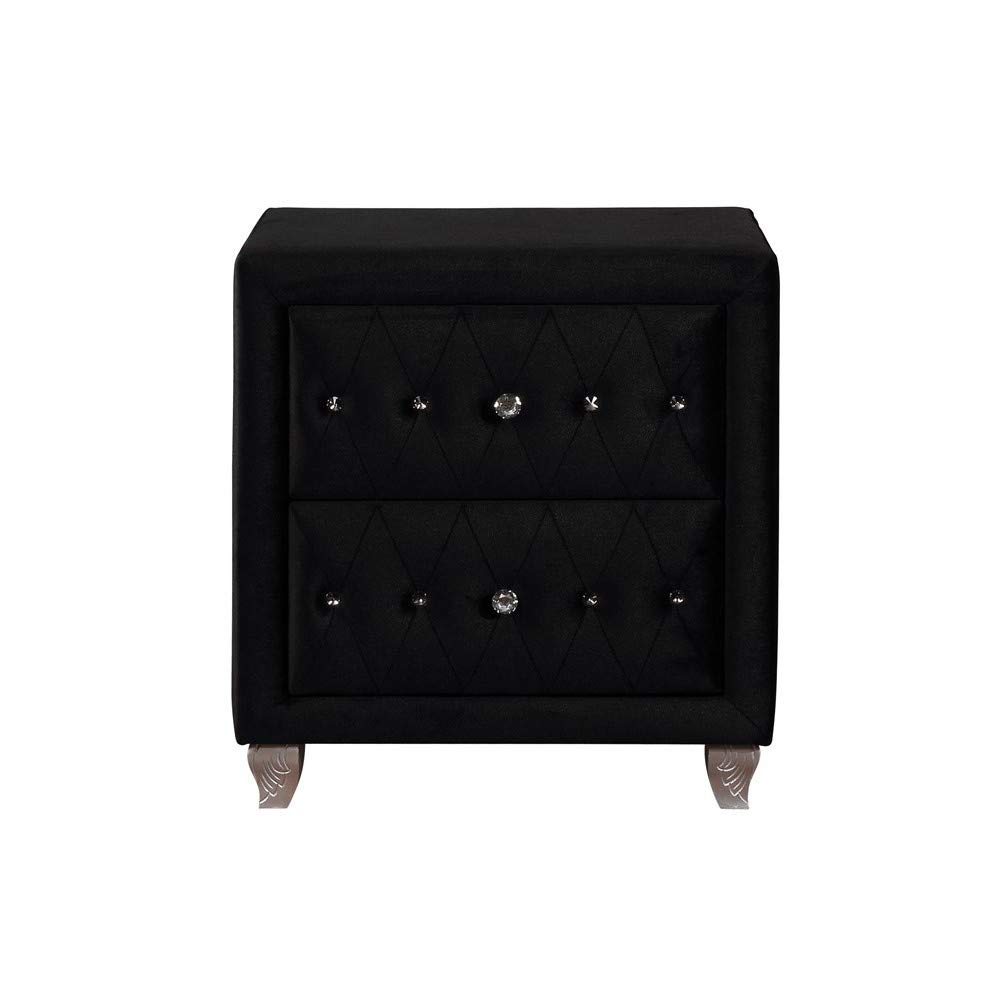 Benjara Black Fabric Upholstered Wooden Nightstand with 2 Drawers - Modern Bedside Table for Bedroom Furniture, Home Decor & Small Space Storage