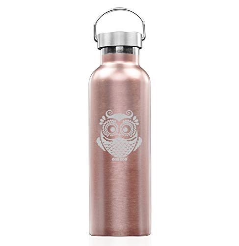 Rose Gold Double Wall Vacuum Insulated Stainless Steel Tumbler Travel Mug - 25oz Leakproof Water Bottle with Owl Vintage Design - Perfect for Coffee, Tea & Cold Drinks at Home, Office or Outdoor Adventures