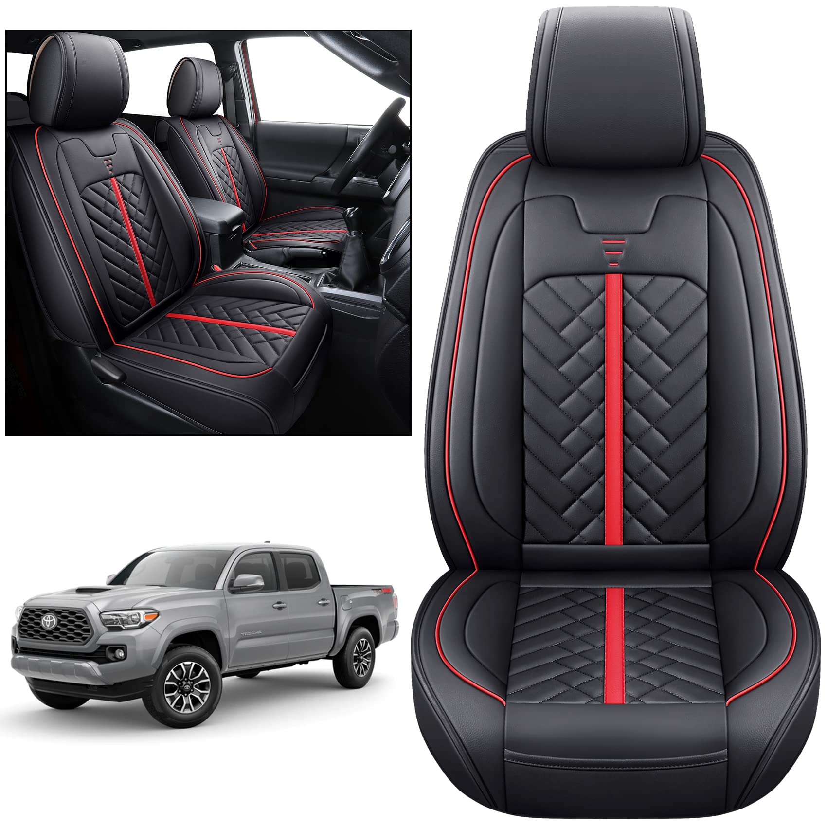 Premium Custom Fit Toyota Tacoma Seat Covers (2005-2025) - Black & Red TRD Style for Double Cab, Crew Cab, TRD Pro, Trail & Off-Road Editions | Durable 2-Piece Front Set for Enhanced Comfort & Protection During Daily Commutes, Off-Road Adventures & Work Trucks