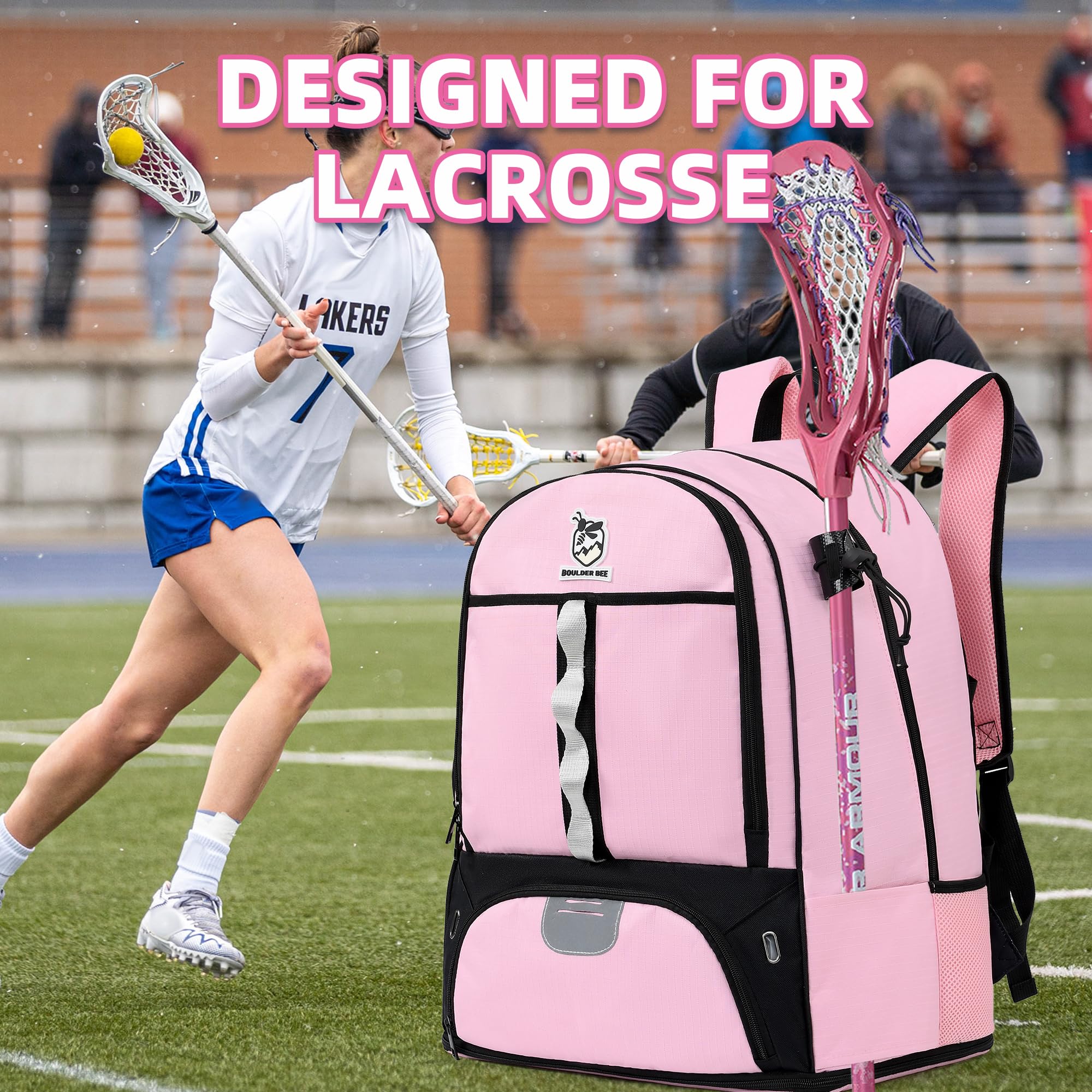 Boulder Bee Lacrosse Backpack with Stick Holders - Durable Field Hockey Sports Bag for Women & Girls - Perfect for Training, Games & Travel Accessories