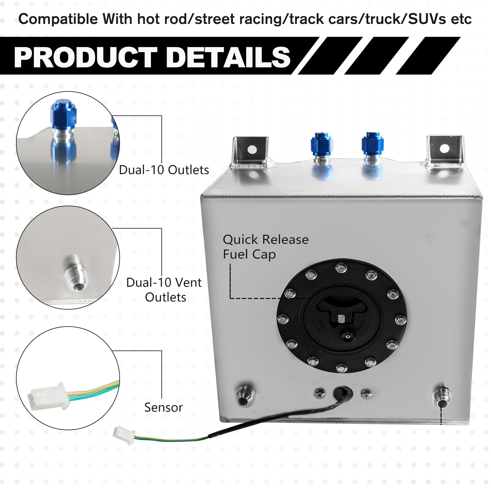 5 Gallon 20L Silver Fuel Cell with Cap, Level Sender & 12FT Oil Feed Line - Perfect for Automotive, Marine, and Off-Road Vehicle Fuel Storage