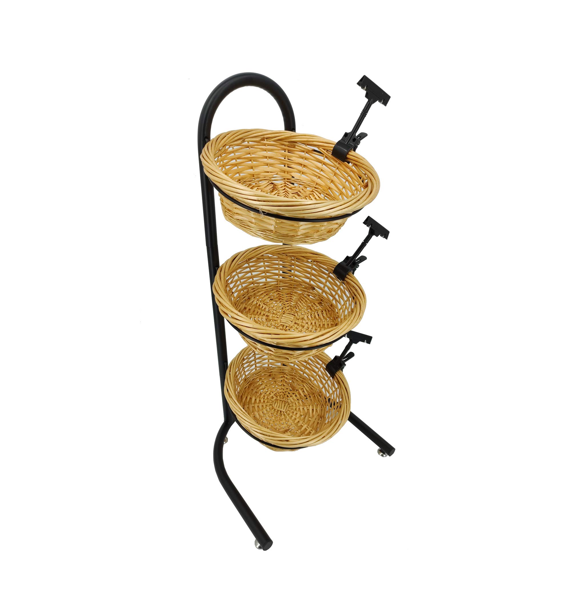 FixtureDisplays 3-Tier Wicker Basket Metal Stand with Sign Clips - Rustic Market Basket Storage Organizer for Kitchen, Bathroom & Retail Display (Model 19425)