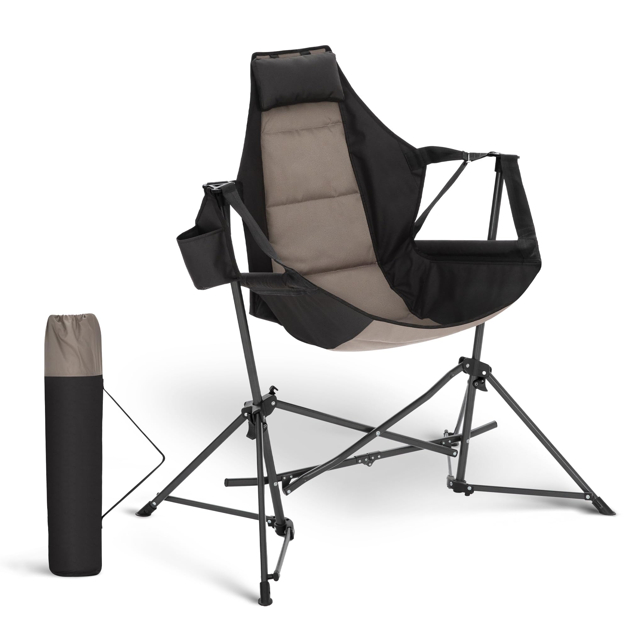 **Portable Hammock Camping Chair with Adjustable Back & Cup Holder - Heavy Duty Folding Outdoor Rocking Chair for Adults - Perfect for Backyard, Beach, Camping & Patio Relaxation - Black**