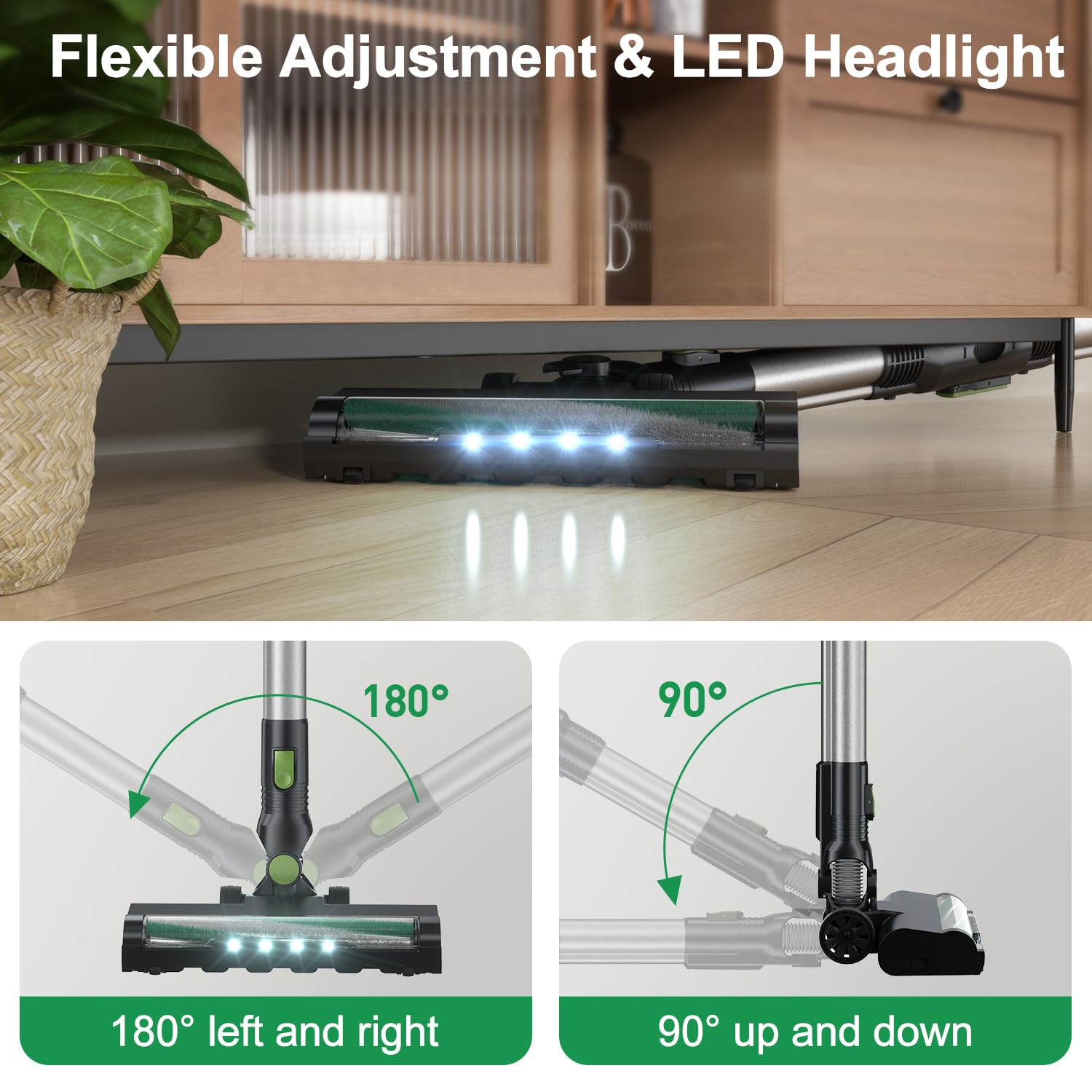 6-in-1 Cordless Stick Vacuum Cleaner with Powerful Suction - Lightweight, Self-Standing, 180° Bendable Wand for Hardwood Floors & Carpets - Rechargeable Green Vacuum for Home Cleaning & Pet Hair Removal
