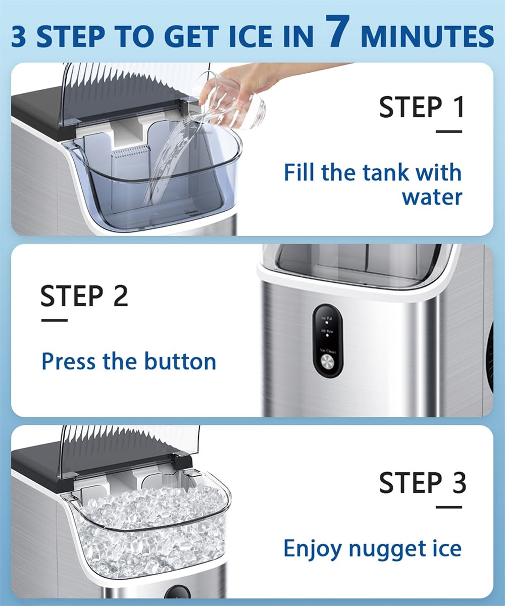 Portable Nugget Ice Maker Machine - 33lbs/Day, Self-Cleaning Countertop Ice Maker with Handle, Stainless Steel - Perfect for Home, Office, and Outdoor Use