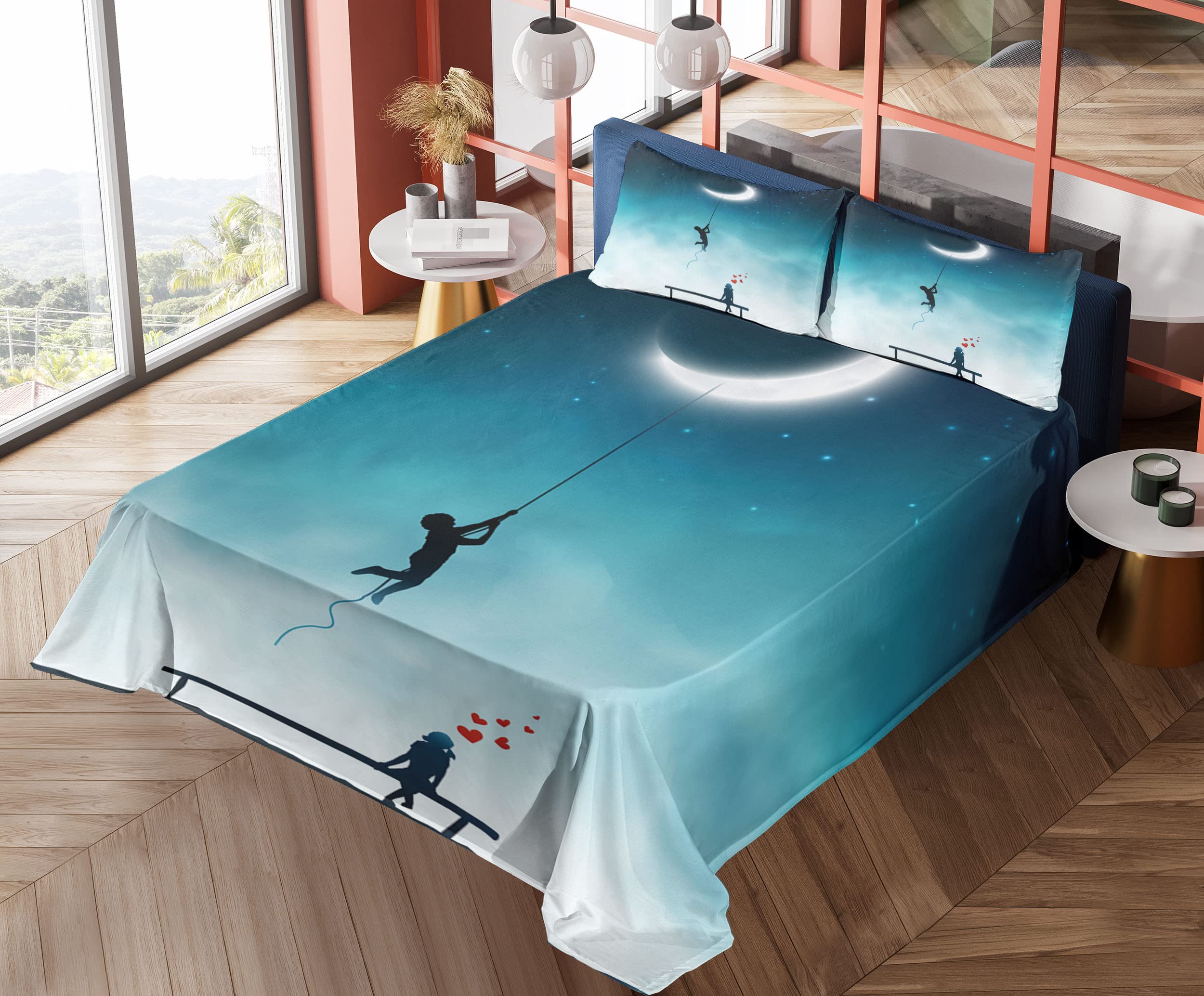 Ambesonne Fantasy Bed Sheet Set 4-Piece - King Size, Teal & White, Fitted & Flat Sheets with Pillowcases - Romantic Moon Climbing Boy & Bench Girl Art Design - Perfect for Couples' Bedrooms, Guest Rooms & Cozy Home Decor