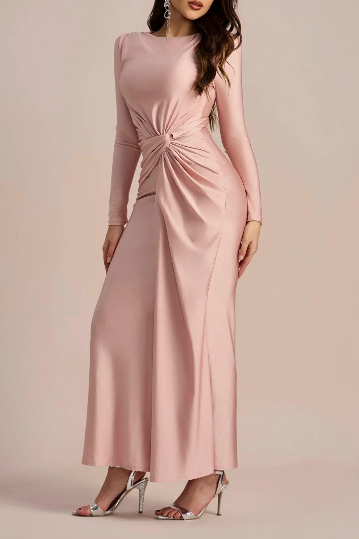 AMANDA Women's Long Sleeve Twist Front Maxi Dress - Elegant Flowy Formal & Casual Dress for Parties, Weddings & Everyday Wear