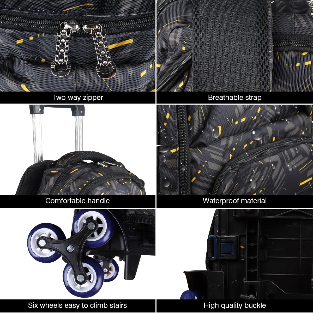 Rolling Backpack with Wheels - High Capacity School Backpack for Students, Travel & Commuting - Durable Black & Yellow Design for Stairs & Everyday Use
