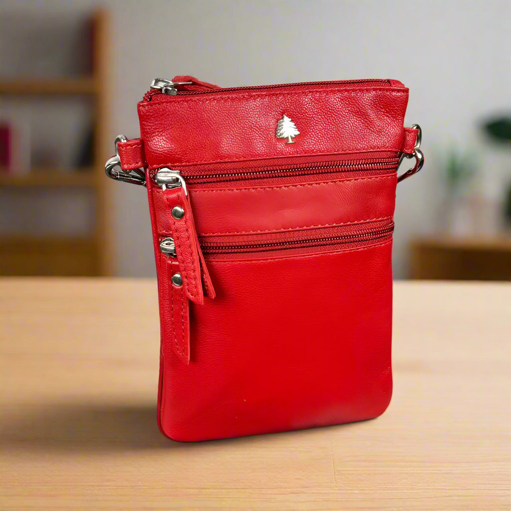 Stylish Greenwood Leather Mini Crossbody Bag with 3 Secure Zipper Pockets - Perfect for Travel, Shopping & Everyday Use
