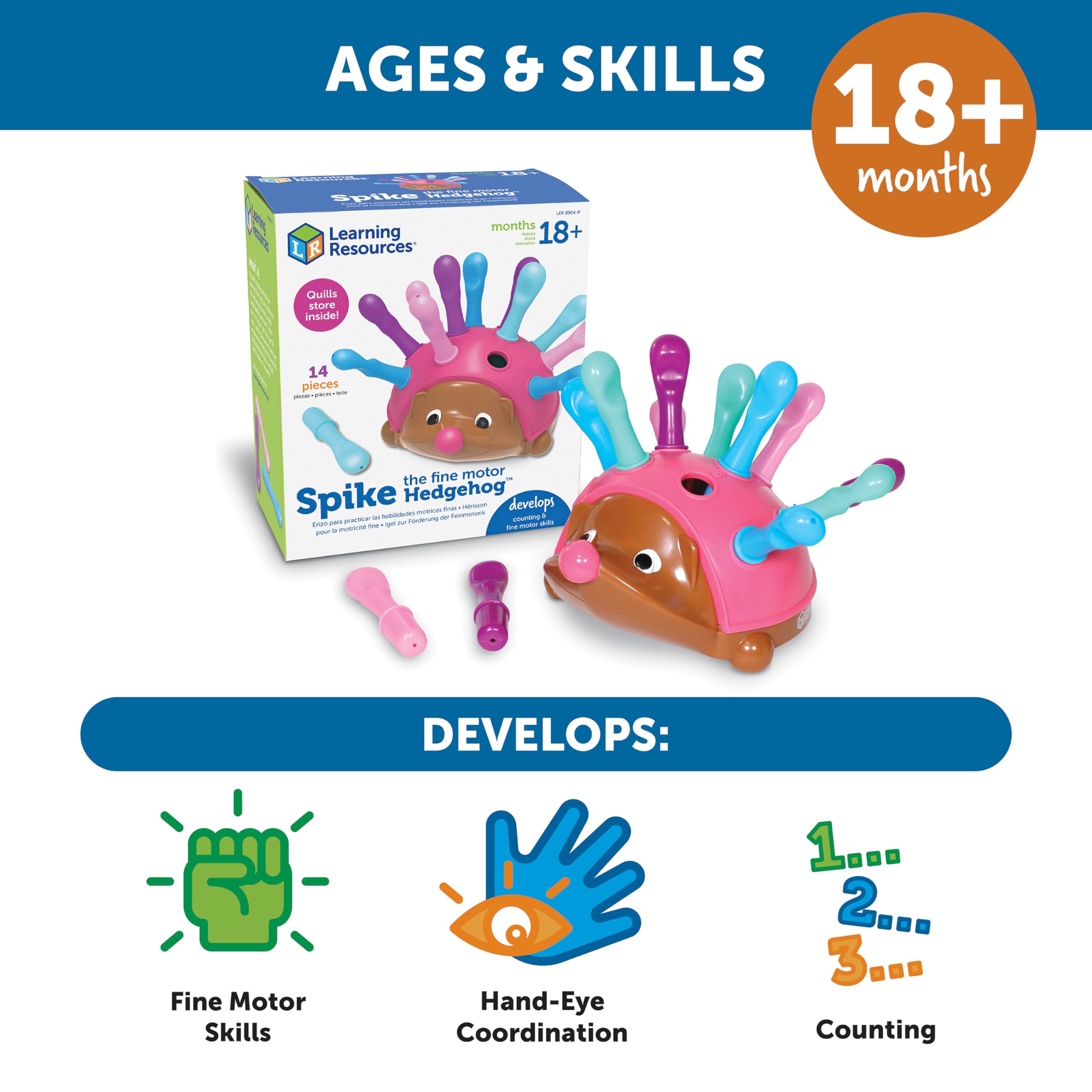Learning Resources Spike The Fine Motor Hedgehog Pink - 14-Piece Toddler Sensory Toy for Fine Motor Skills Development, Montessori & Educational Toys for Kids Ages 18+ Months - Perfect for Preschool Learning & Playtime Activities