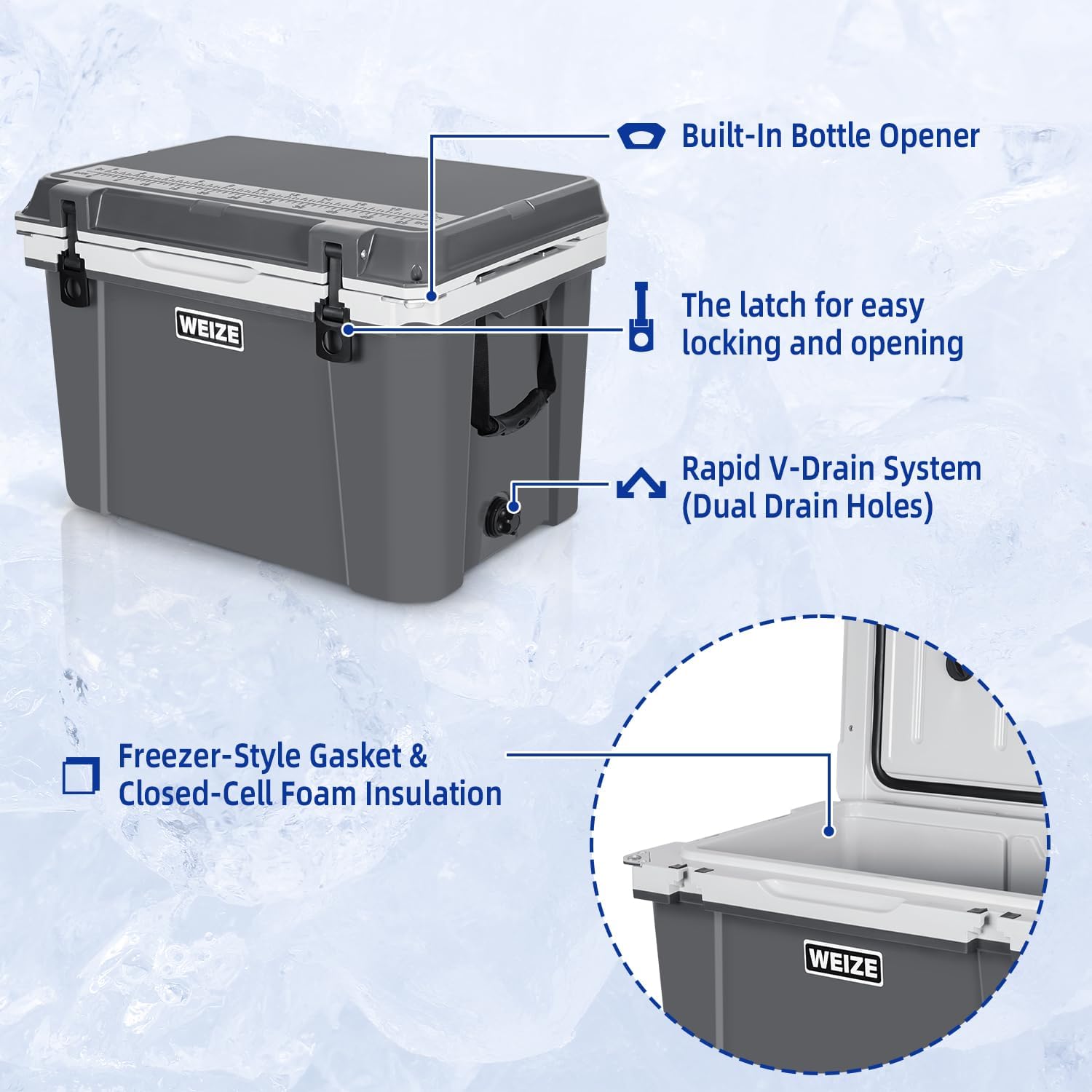 WEIZE 55 Quart Ultra Light Hard Cooler - Insulated Ice Chest Box with Bottle Opener, Keeps Ice Cold for 8 Days - Portable for Camping, Beach, Picnics & Outdoor Adventures (Grey)