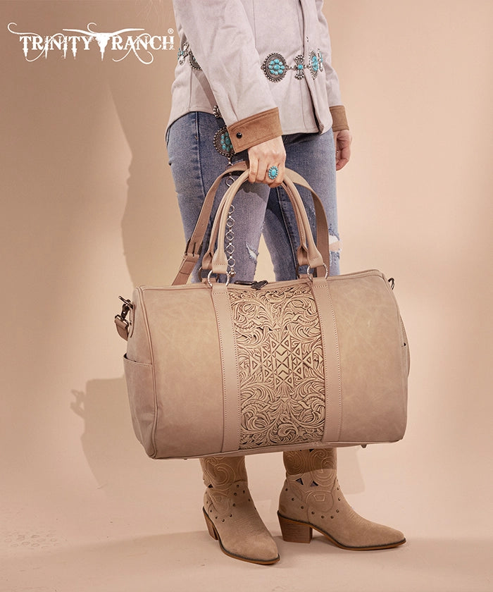 Trinity Ranch Aztec Tooled Leather Weekender Bag - Stylish Travel Duffel for Women & Men - Perfect for Weekend Getaways, Gym, Work & Overnight Trips