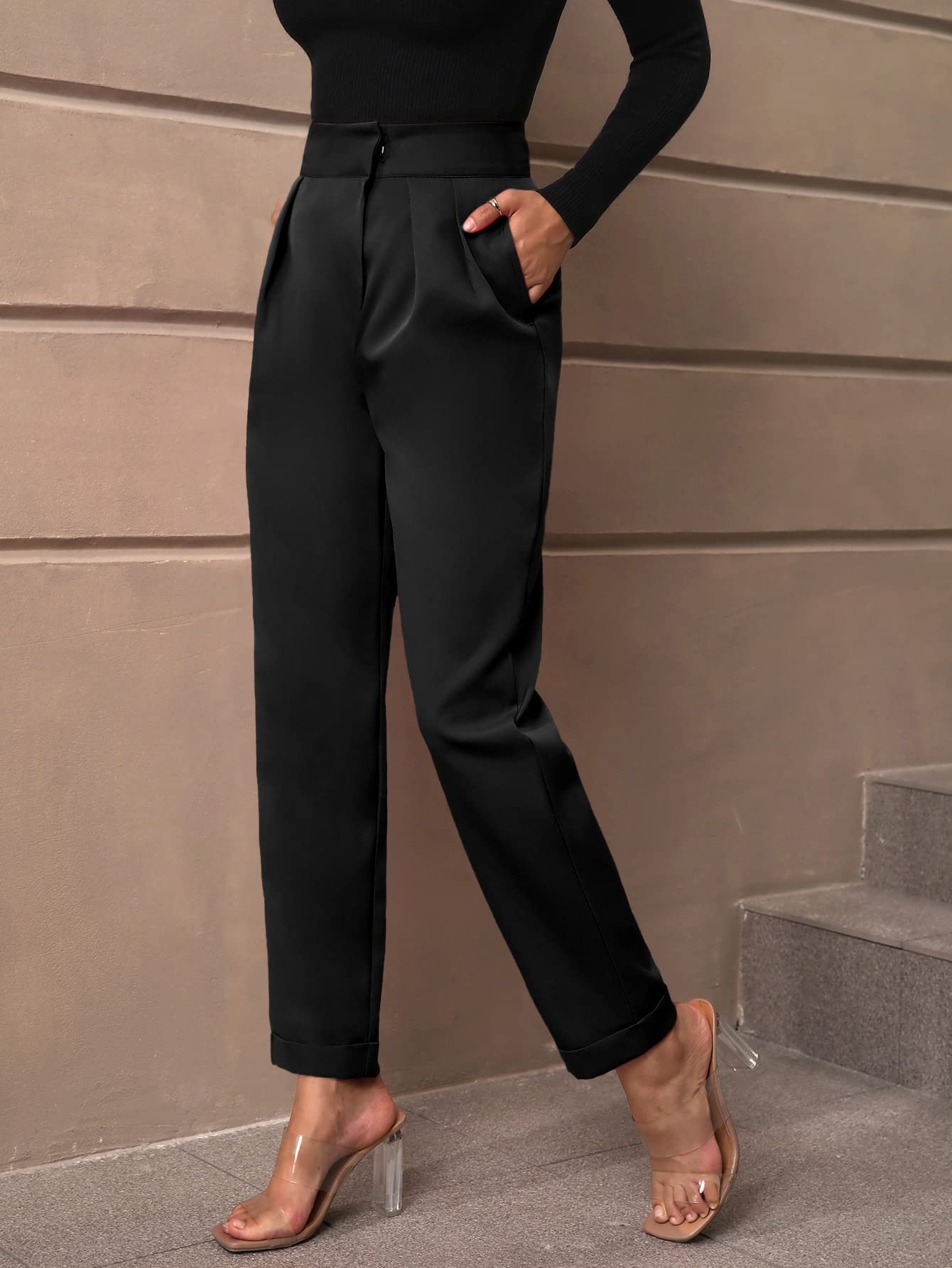MakeMeChic Women's High Waisted Tapered Dress Pants with Pockets - Black XS | Office Work, Business Casual & Formal Wear