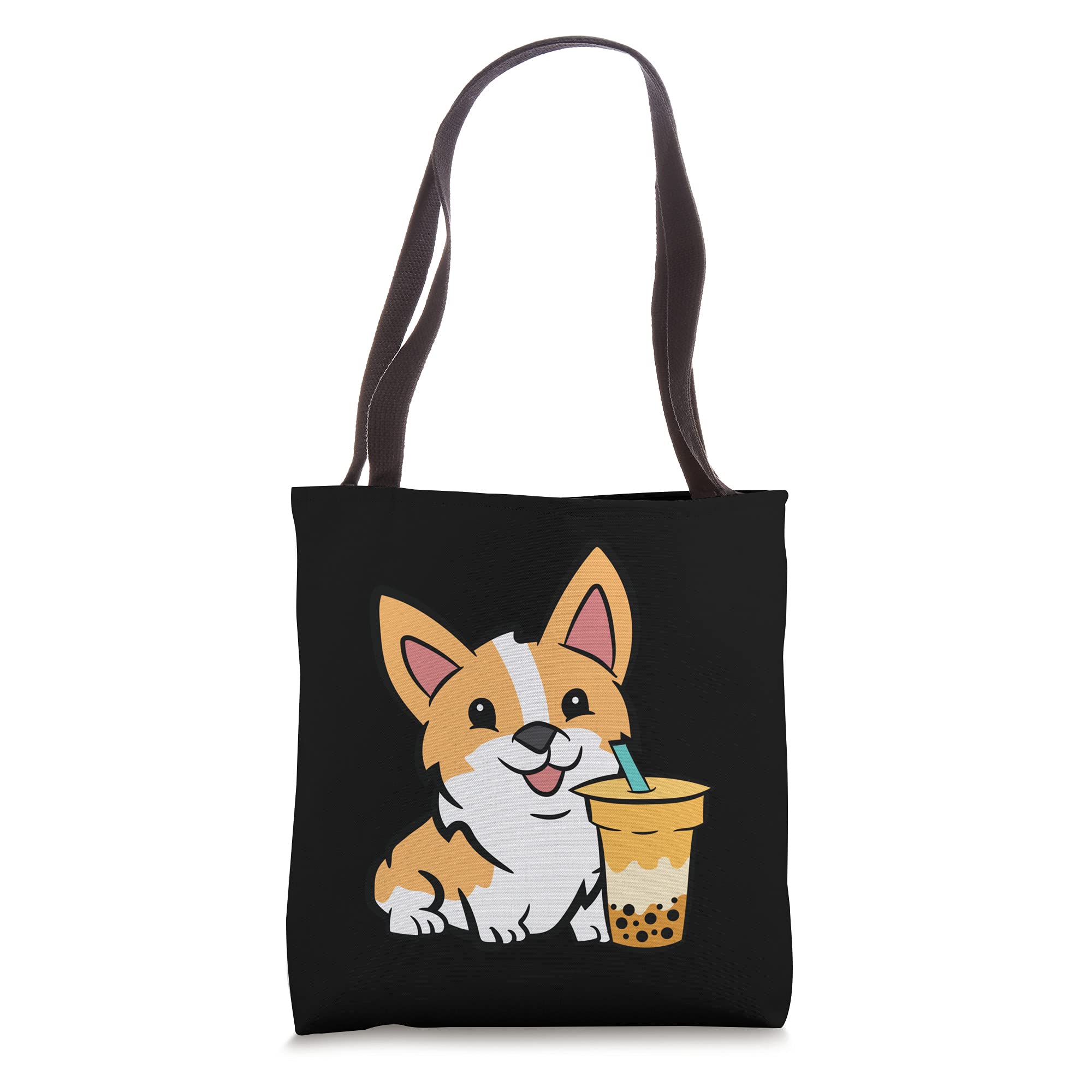 Cute Corgi Dog with Boba Tea Print Tote Bag - Reusable Shopping Bag for Women, Groceries, Beach & Work - Funny Bubble Tea Lover Gift