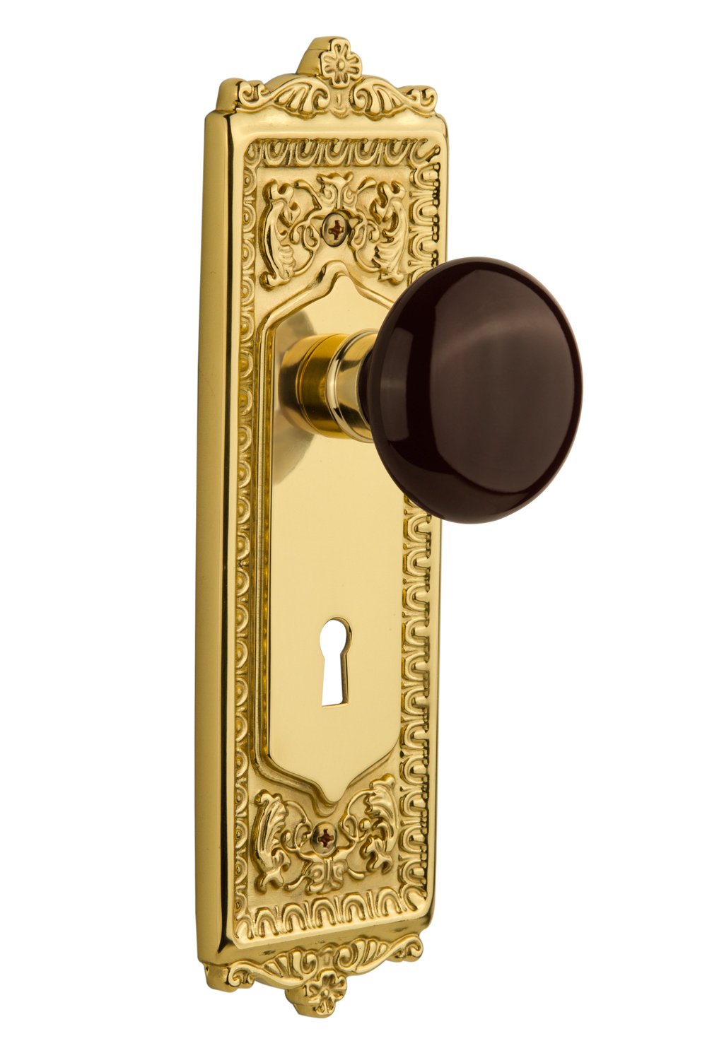 Vintage Unlacquered Brass Egg & Dart Plate with Brown Porcelain Knob - Nostalgic Warehouse 702873 Single Dummy Door Hardware - Perfect for Classic Home Decor, Cabinet Doors & Furniture Restoration