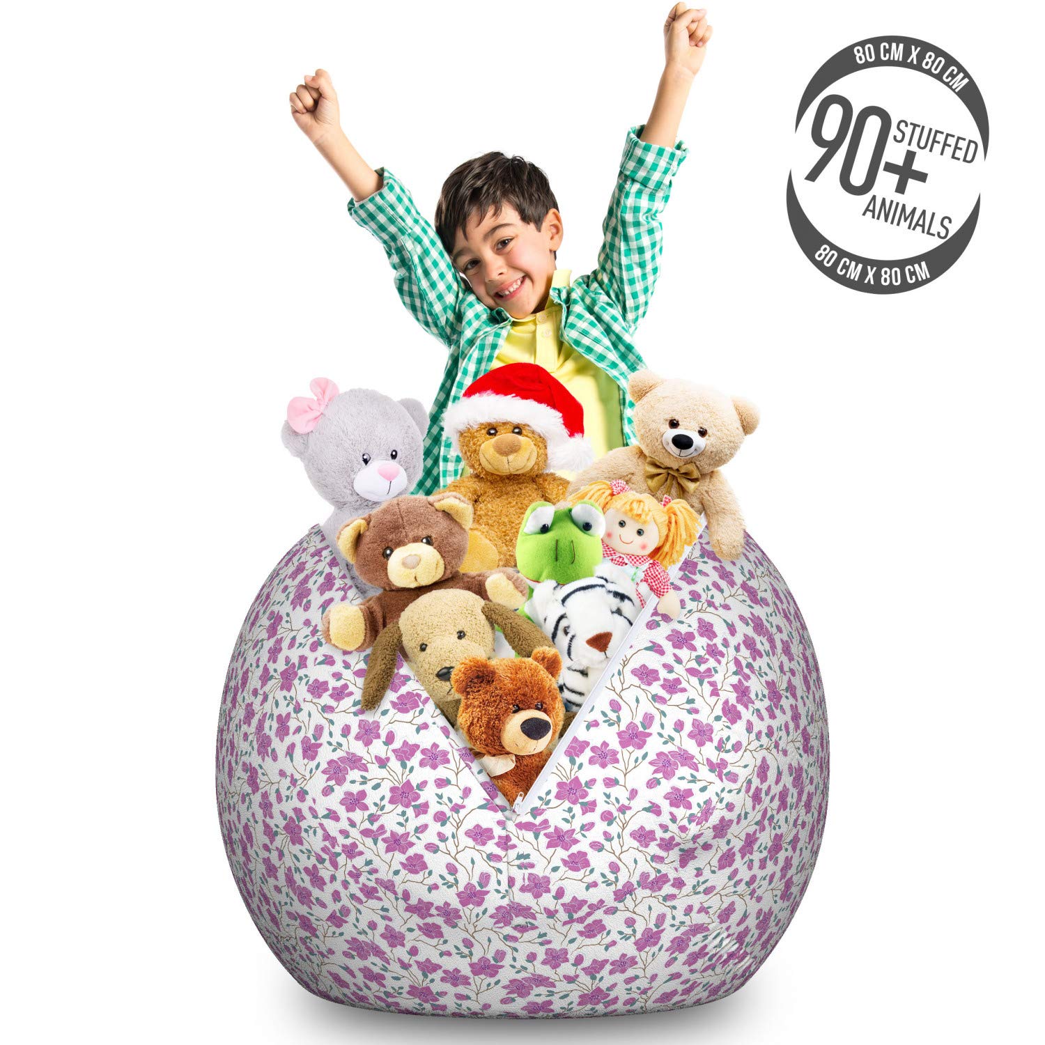 Ambesonne Floral Storage Toy Bag Chair - Large Washable Stuffed Animal Organizer with Bloomed Pink Magnolia Flowers Design, Almond Green Fuchsia - Perfect for Kids' Room, Nursery, Playroom & Home Organization