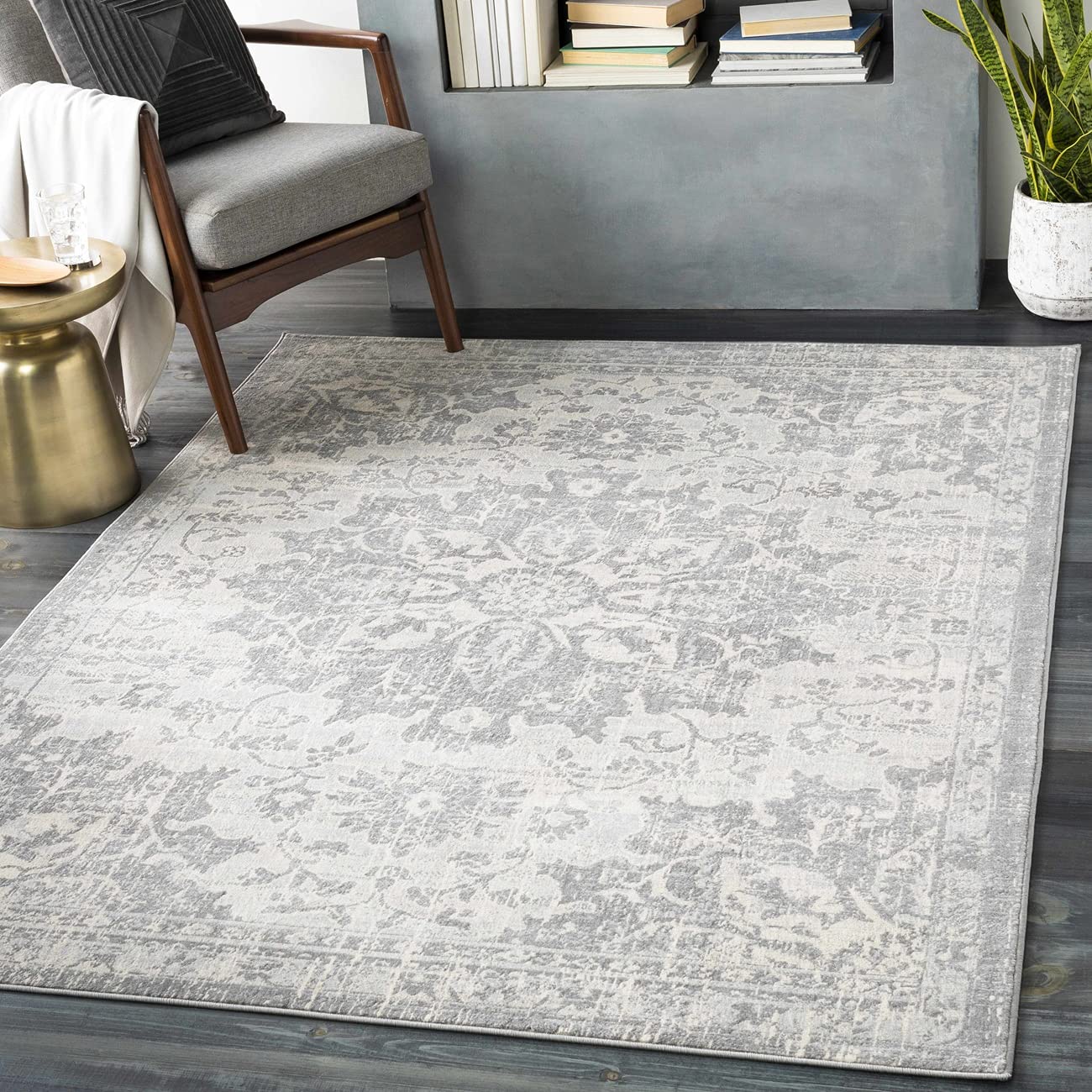 Mark&Day 5ft Round Clichy Traditional Medium Gray Area Rug - Non-Slip Gray/Black/White Carpet for Living Room, Bedroom, Kitchen - Perfect for Home Decor & High Traffic Areas (5'3