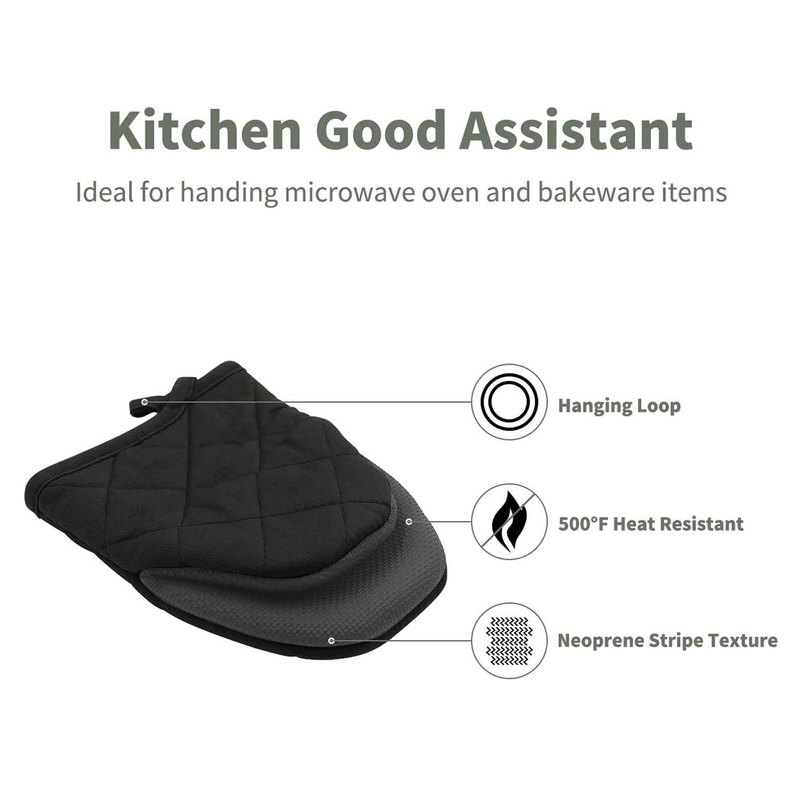 Heat Resistant Mini Oven Mitts Set of 2 - 300°F Neoprene Cotton Kitchen Gloves with Non-Slip Grip & Hanging Loop - 7x6 Inch Pot Holder & Trivet for Baking, Cooking, Grilling - Grey & Black