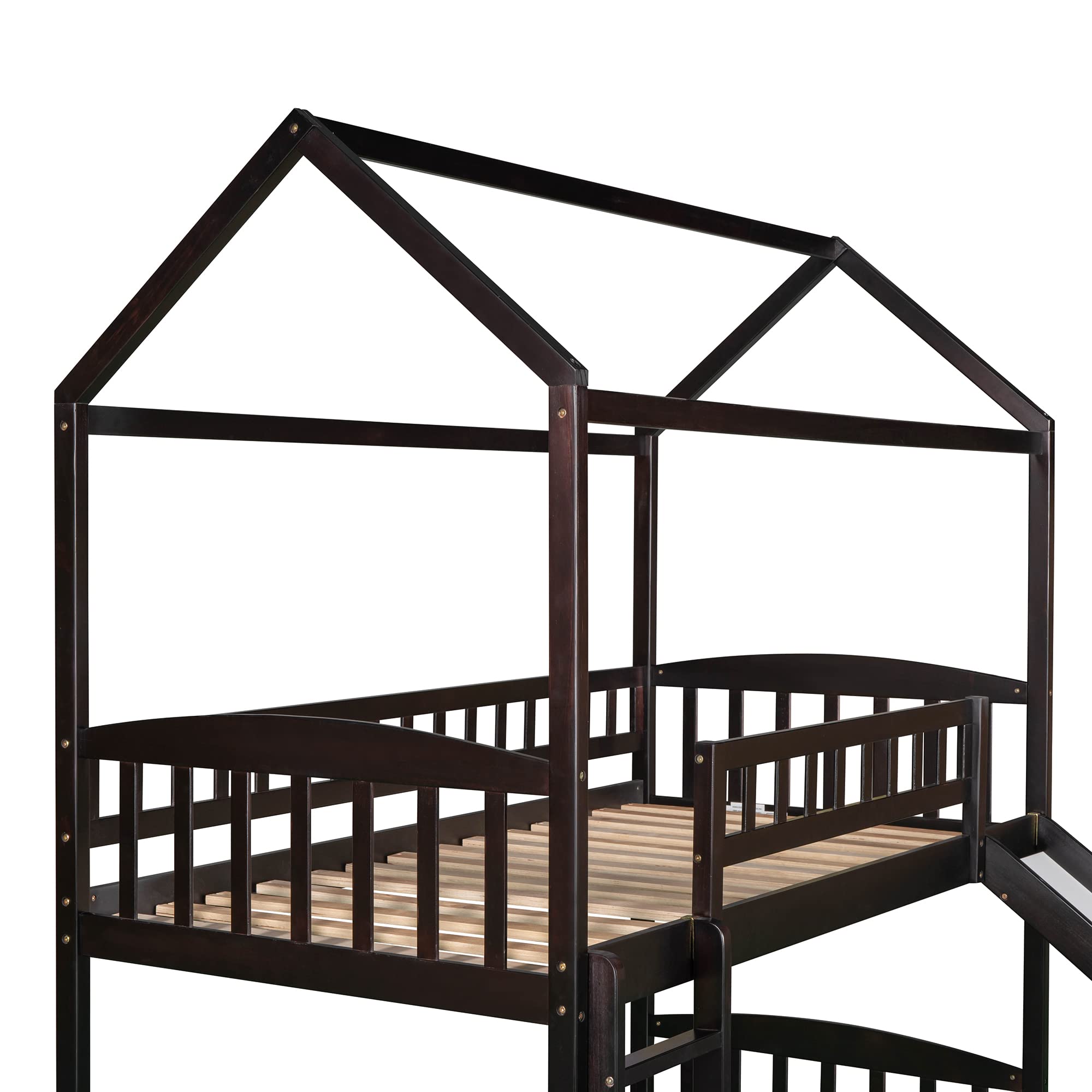 **Merax Twin Loft Bed with Slide & Ladder - Wooden House Style Bed with Roof & Guardrails for Kids & Teens (Espresso) - Perfect for Bedrooms, Playrooms & Small Spaces**