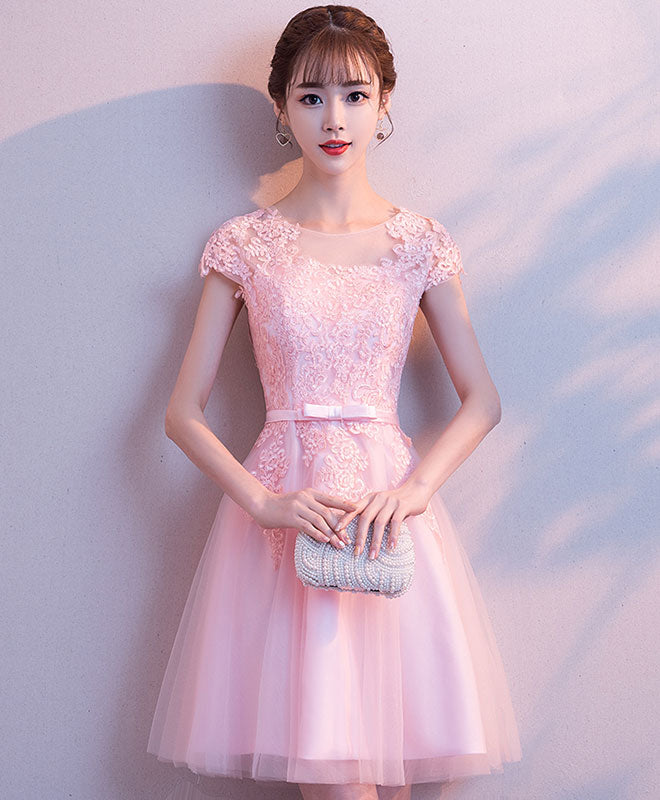 Elegant Pink Round Neck Tulle Lace Short Prom Dress for Homecoming, Party, and Special Occasions