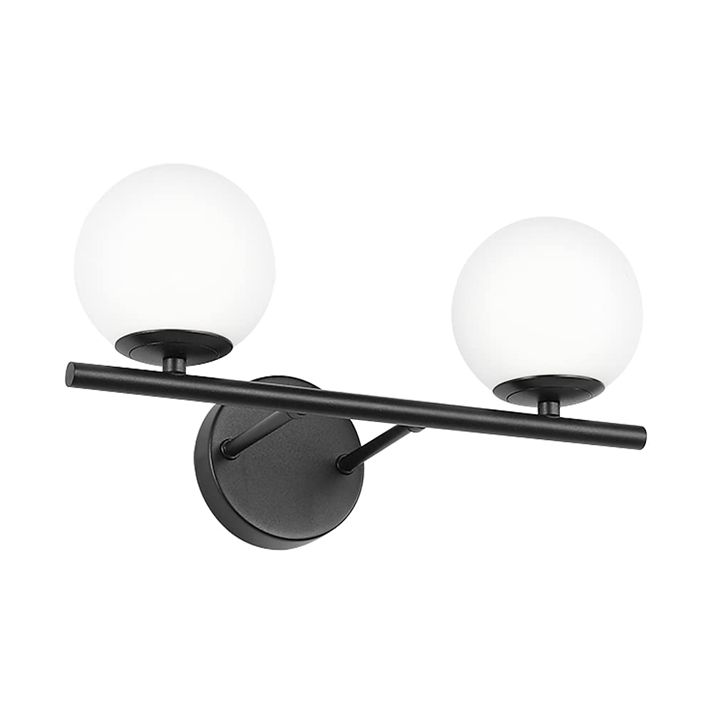 Modern Brushed Black Bathroom Vanity Light Fixtures with Milk White Globe Glass Shade - Wall Sconce for Mirror Lighting, Perfect for Contemporary Home Decor and Spa-Like Ambience