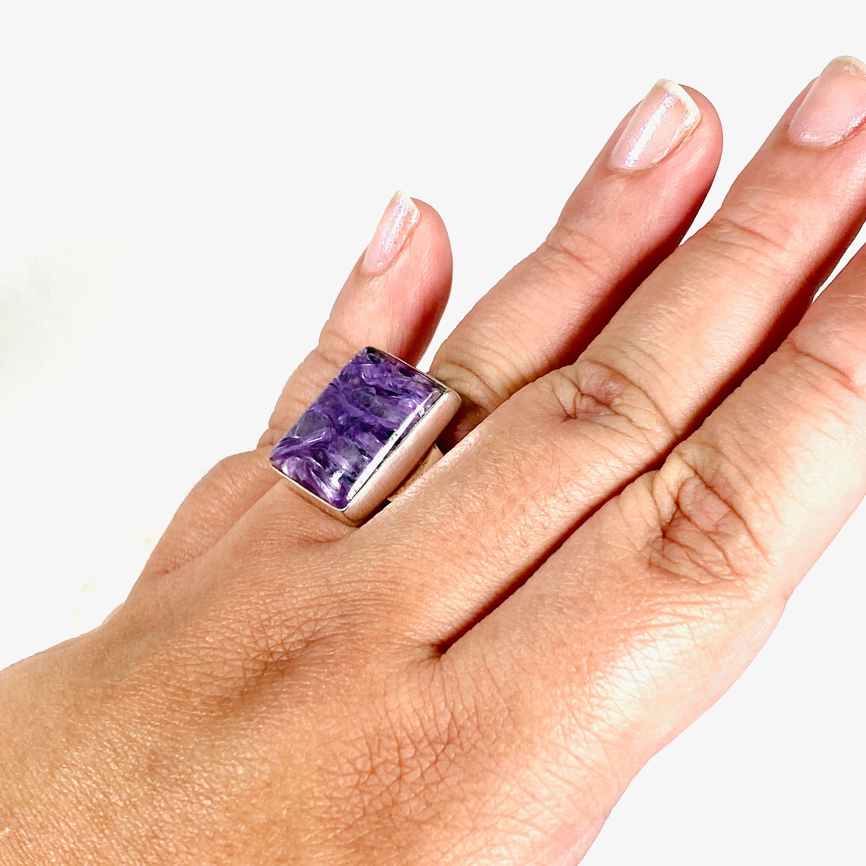 Charoite Silver Rectangular Ring for Women - Size 11 - KRGJ3046 - Elegant Purple Gemstone Jewelry for Everyday Wear & Special Occasions