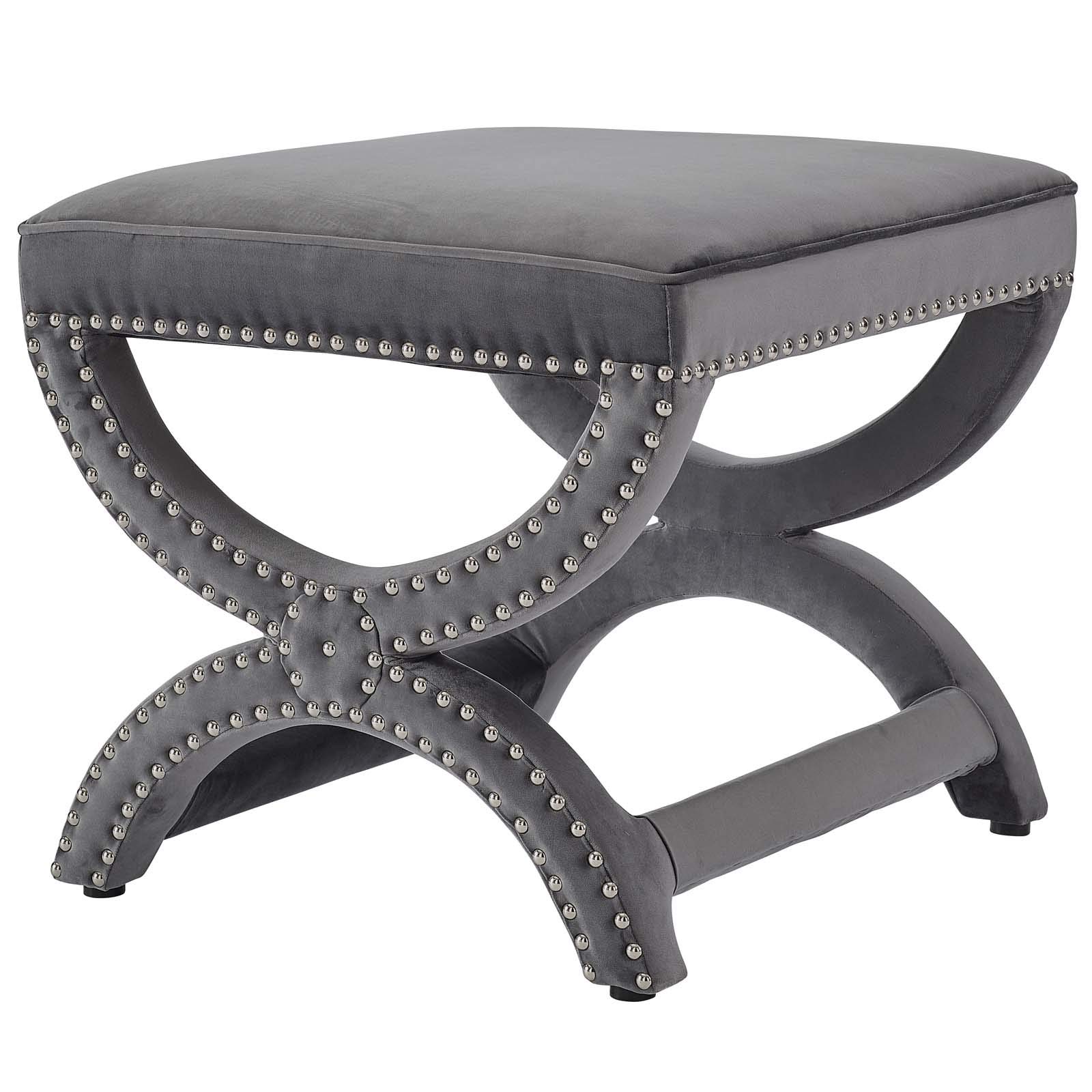 Modern Velvet Accent Chair with Ottoman - Gray Contemporary Living Room Furniture with Copper Nailhead Trim | Perfect for Lounge, Reading Nook & Home Office