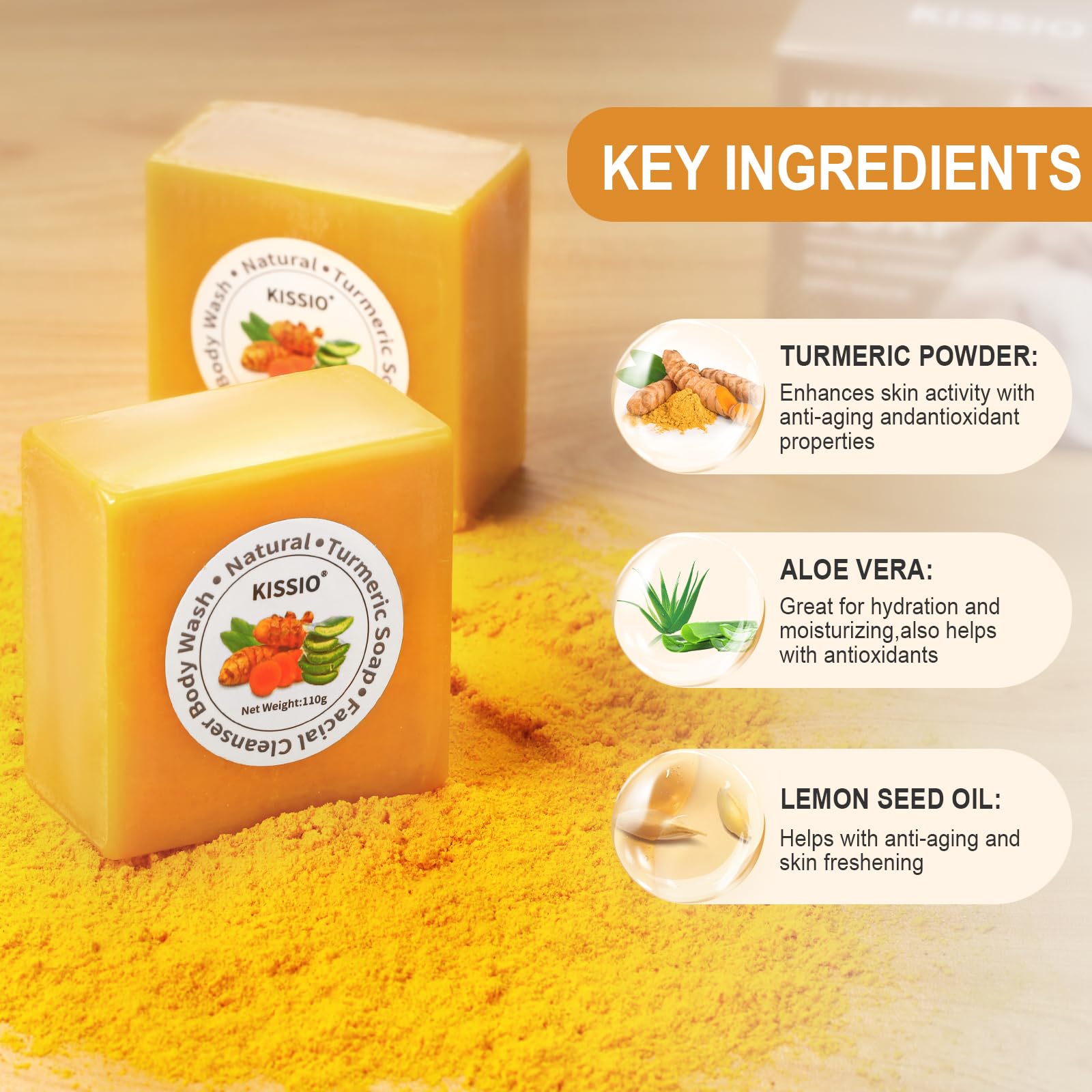 KISSIO Turmeric Soap Bar for Face & Body - Natural Cleansing & Oil Control with Turmeric, Aloe Vera & Shea Butter | Handmade Sensitive Skin Formula (3.88 oz) | Perfect for Acne-Prone Skin & Daily Gentle Cleansing