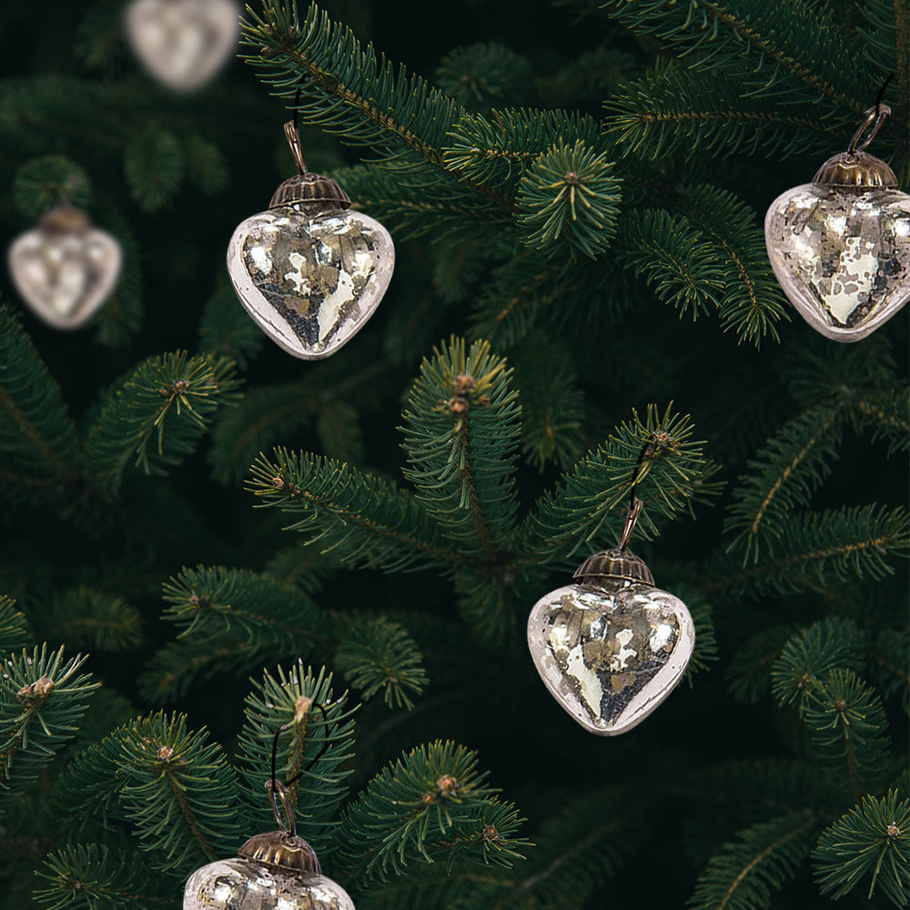 6 Pack Silver Mercury Glass Heart Ornaments - Elegant Christmas Tree Decorations for Holiday, Wedding, and Home Decor