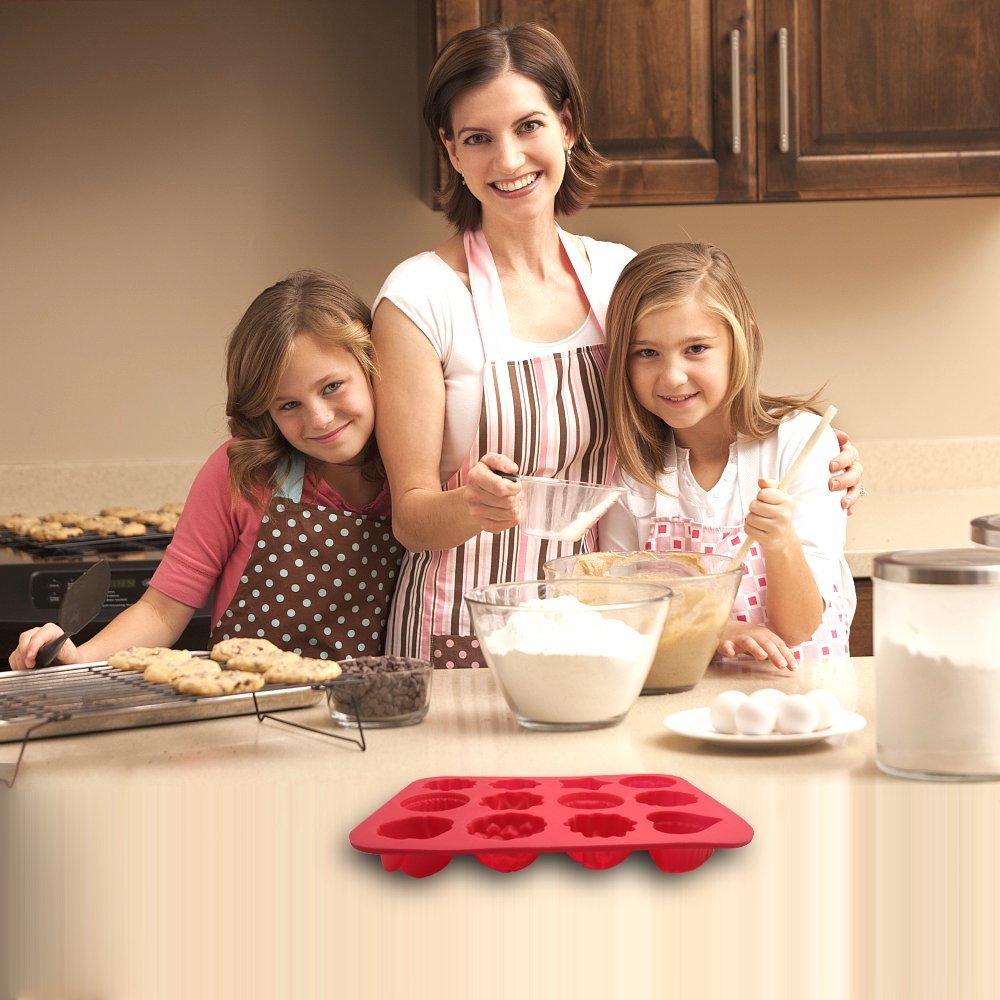 3-Pack Flower Silicone Non-Stick Baking Molds - 12-Cavity Muffin Pan for Cakes, Jelly, Pudding, Chocolate & Cupcakes | Heart & Flower Shaped Bakeware in Blue, Green & Red | Perfect for Birthday Parties, Wedding Desserts & Holiday Baking