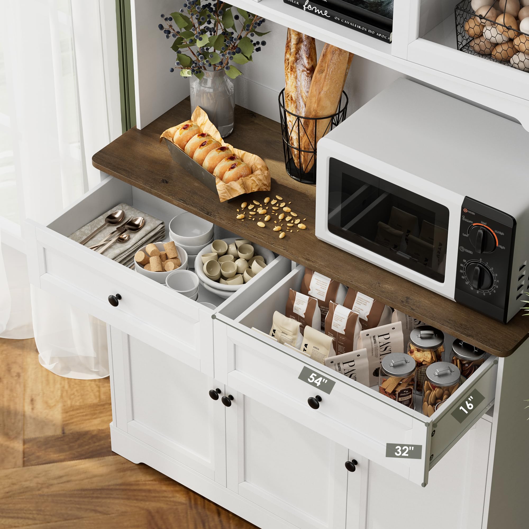 White Tall Kitchen Pantry Storage Cabinet with Adjustable Shelves - Microwave Stand & Countertop Hutch for Food Storage - Perfect for Small Kitchens, Apartments & Pantry Organization