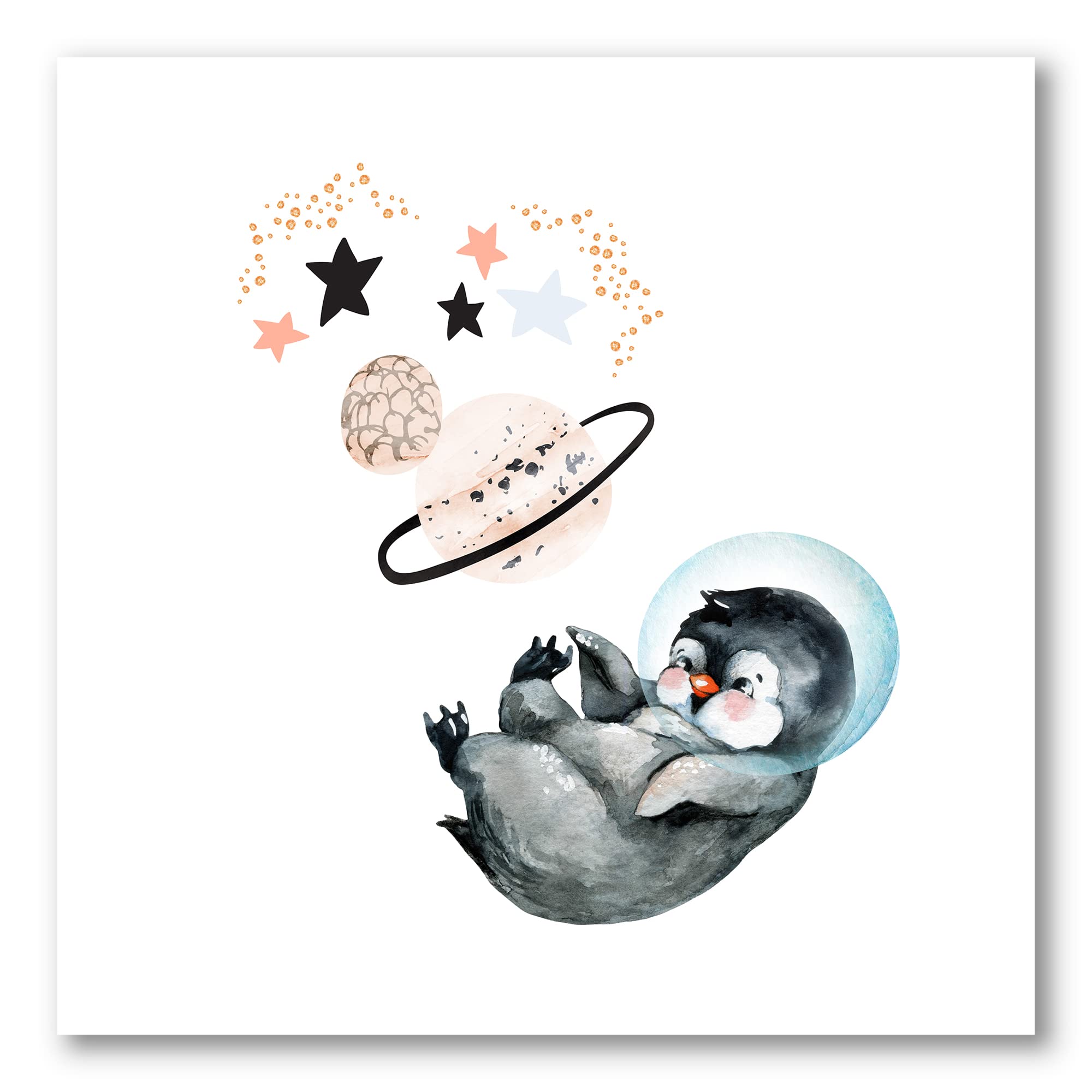 DesignQ Little Penguin with Stars and Planets - Farmhouse Style Canvas Wall Art for Nursery, Kids Room & Home Decor