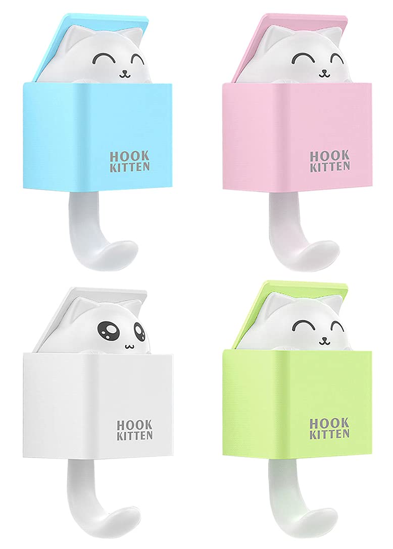 4PCS Cute Cartoon Cat Keychain Hooks - Adhesive Wall Hooks for Coat, Towel, Hat & Keys - Decorative Home & Bathroom Organization Accessories - Perfect for Bedroom, Kitchen, Dorm & Office Storage