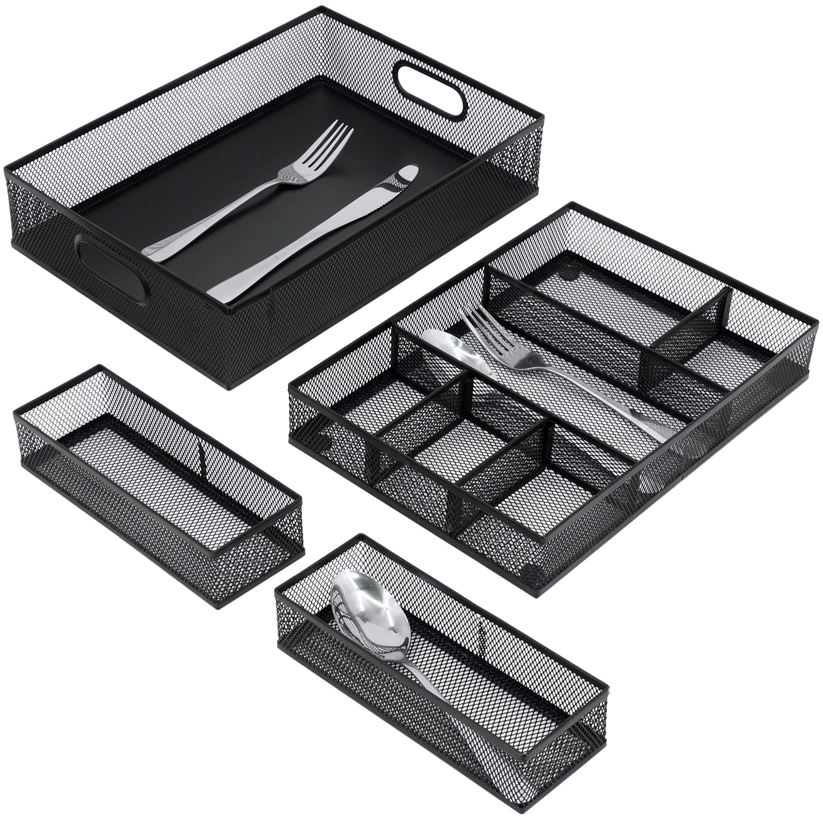 6-Section Adjustable Metal Mesh Desk Drawer Organizer - Black Office Supplies Tray for Pens, Pencils & Stationery (Set of 4) | Perfect for Home Office, School & Workspace Organization