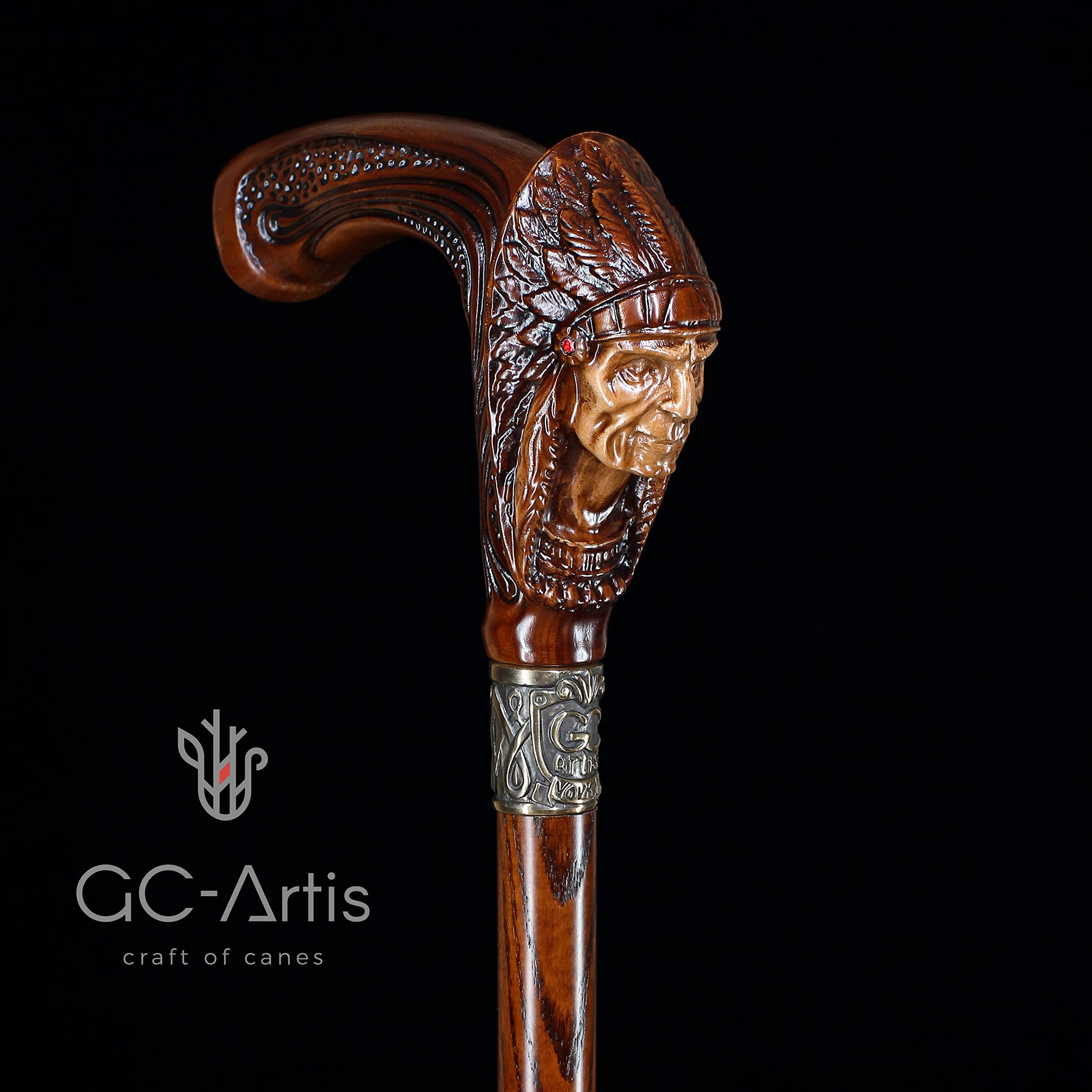 Premium Indian Chief Walking Cane - Handcrafted Black Wooden Shaft with Light Handle (36