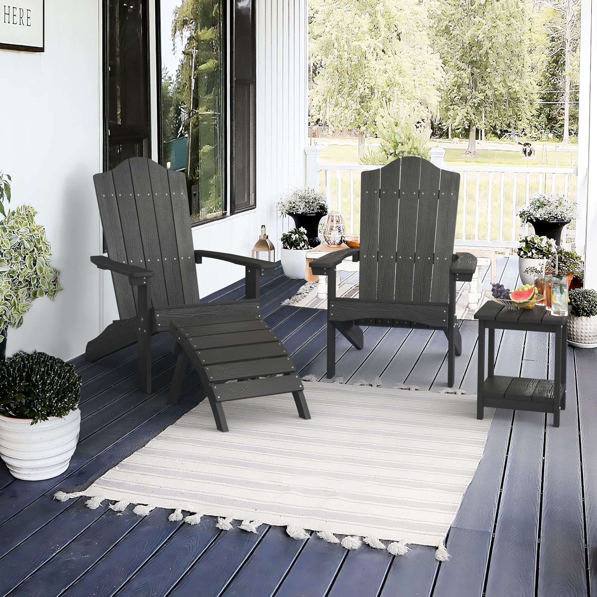 LUE BONA Adirondack Chairs Set of 4 - Black Poly Outdoor Patio Furniture, Modern Plastic Adirondack Chairs with Fire Pit, Weather-Resistant for Deck, Poolside, Garden & Backyard Relaxation | Perfect for Lounging, Campfires & Outdoor Entertaining