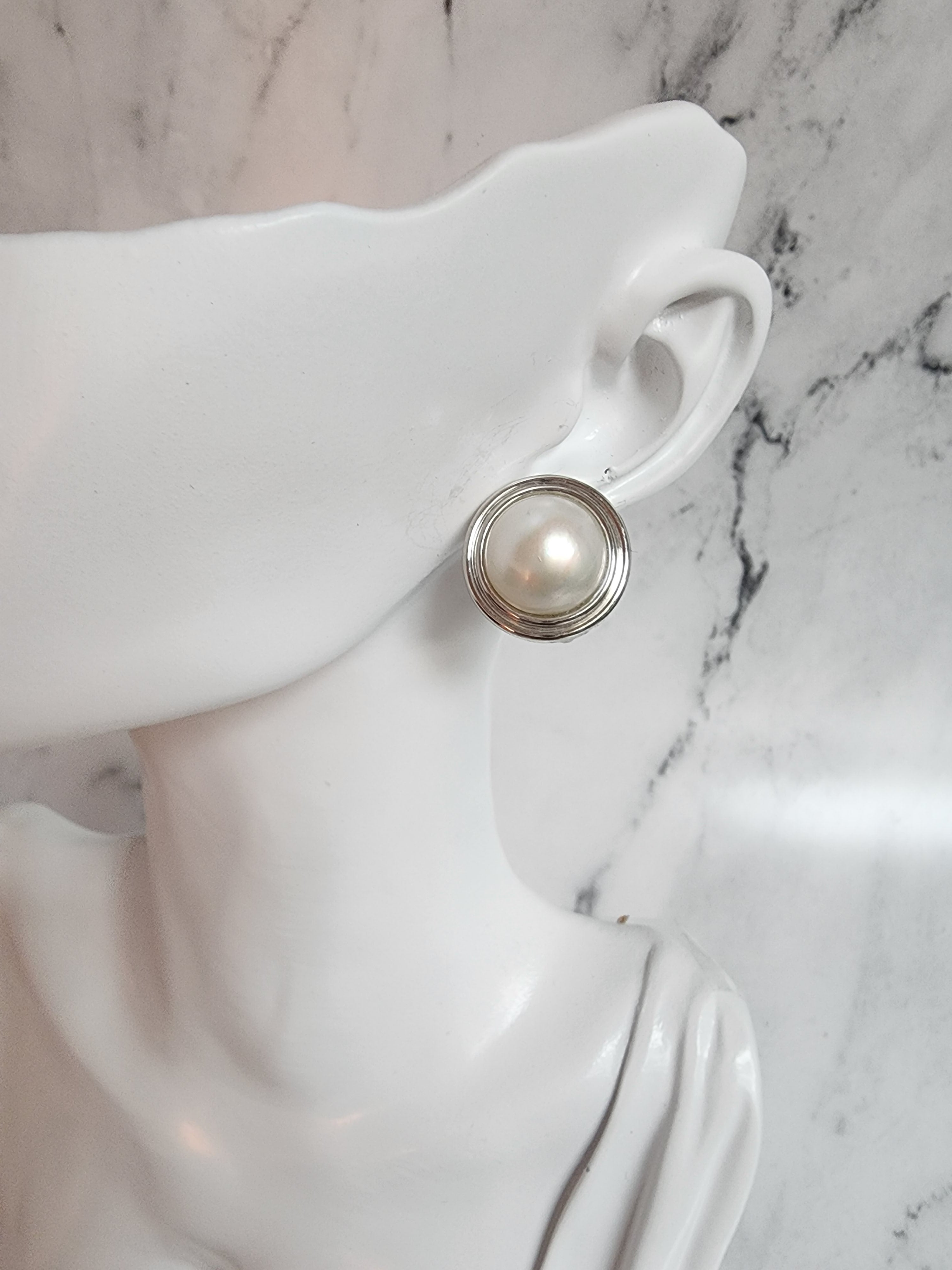 19MM Mabe Pearl Earrings with 14k White Gold Bezel Frame - Elegant Jewelry for Weddings, Parties & Special Occasions