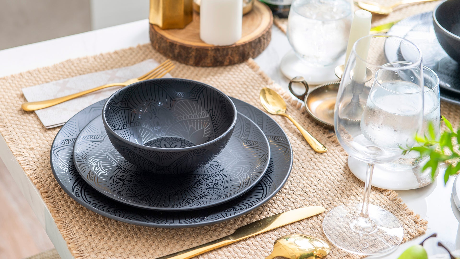 12-Piece La La Mandala Melamine Dinner Plate & Bowl Set - Black - Durable & Stylish for Outdoor Picnics, Camping, and Party Dining