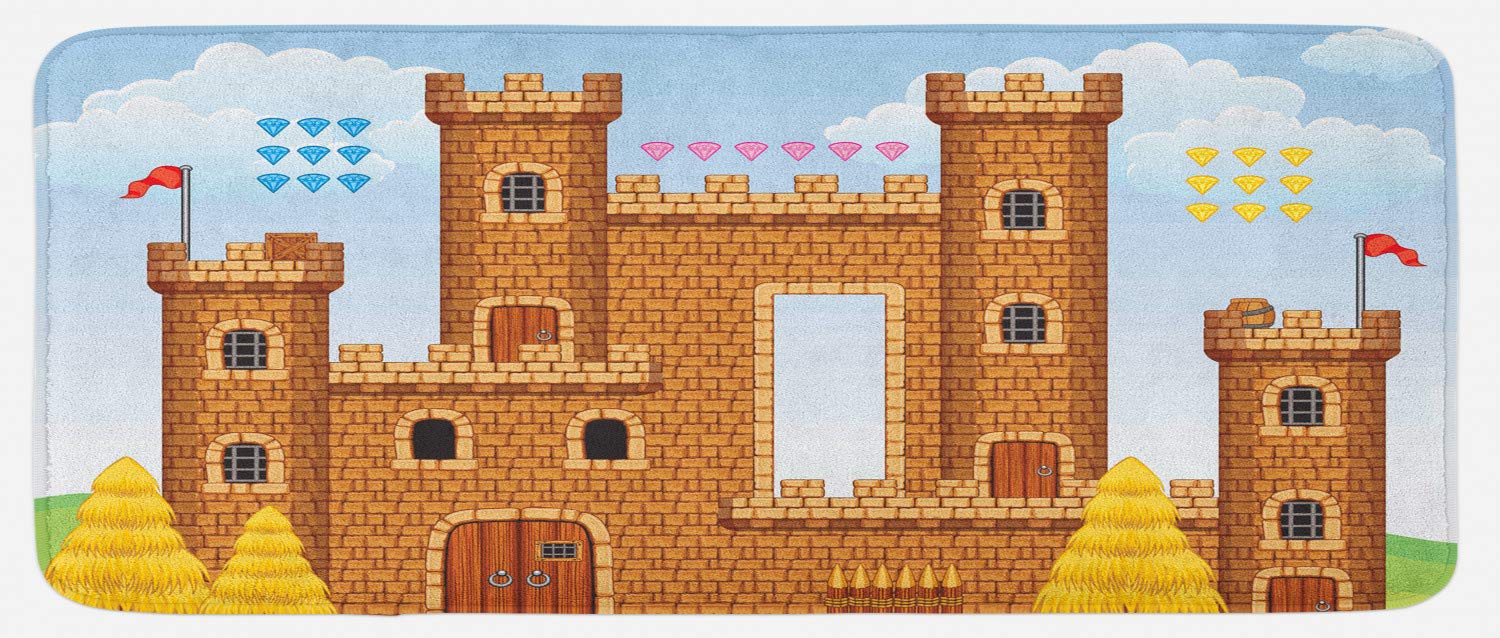 Ambesonne Cartoon Kitchen Mat - Non-Slip Plush Video Game Castle Design for Youth & Hobby Enthusiasts, 47