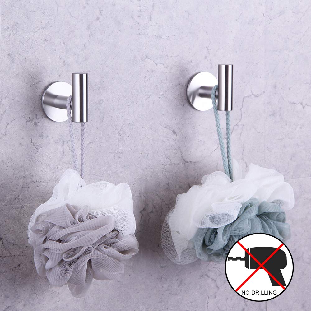 GERZWY Heavy Duty Stainless Steel Wall Hooks - 2 Pack Brushed Finish Adhesive Hooks for Coats, Towels & Robes - Waterproof Bathroom & Kitchen Hooks for Home Organization (DZY026-LS)