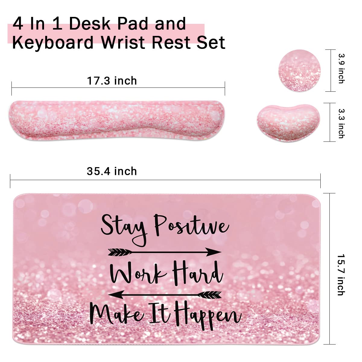 Ergonomic Keyboard and Mouse Pad Set with Memory Foam Wrist Rest - 35.4×15.7 Inch Extended Desk Mat for Comfortable Typing, Gaming & Office Work (3-Piece Set, Pink Stay Positive Design) - Perfect for Home Office, PC Gaming & Productivity Workspace