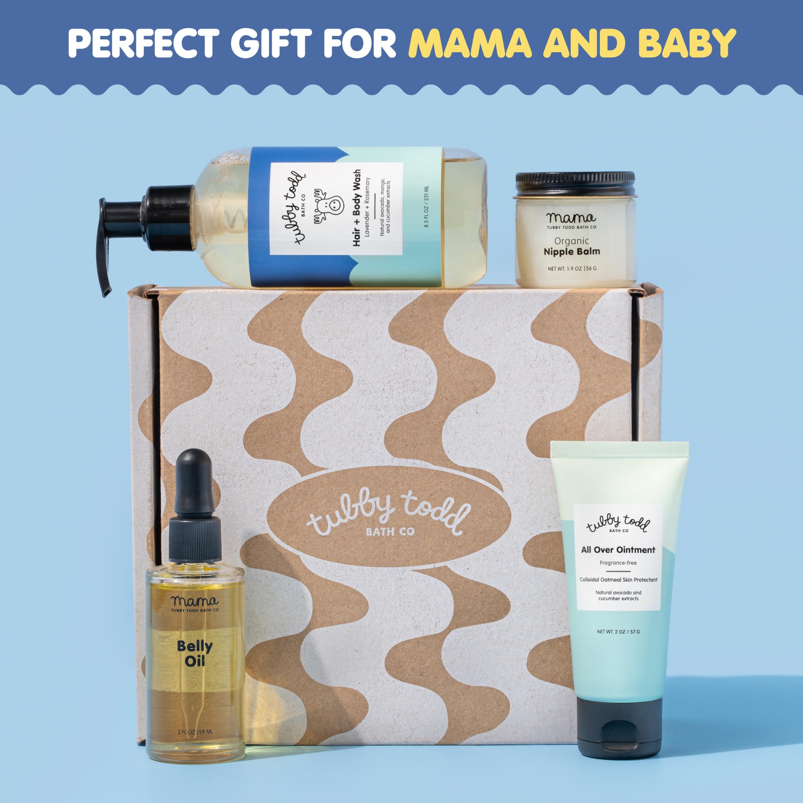 Tubby Todd Sensitive Skincare Kit for Newborns & Moms - Lavender Rosemary Baby Shampoo, Body Wash 8.5oz + All Over Ointment 2oz, Belly Oil 2oz & Nipple Balm 1.9oz - Perfect Baby Shower Gift & Postpartum Care Set for Dry Skin Relief
