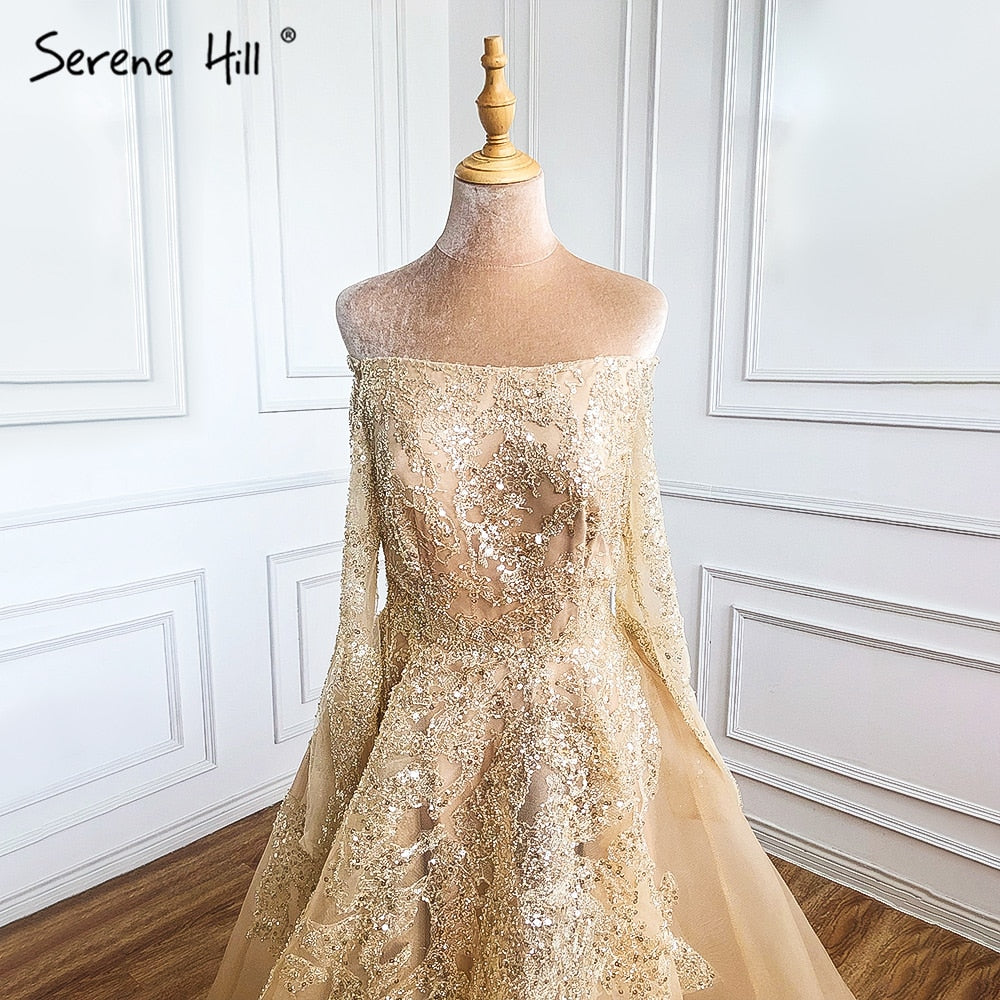 Serene Hill Gold A-Line Sexy Evening Dresses for Women 2025 | Beaded Off-Shoulder Wedding Party Gown LA71305 | Perfect for Prom, Cocktail Parties & Formal Events