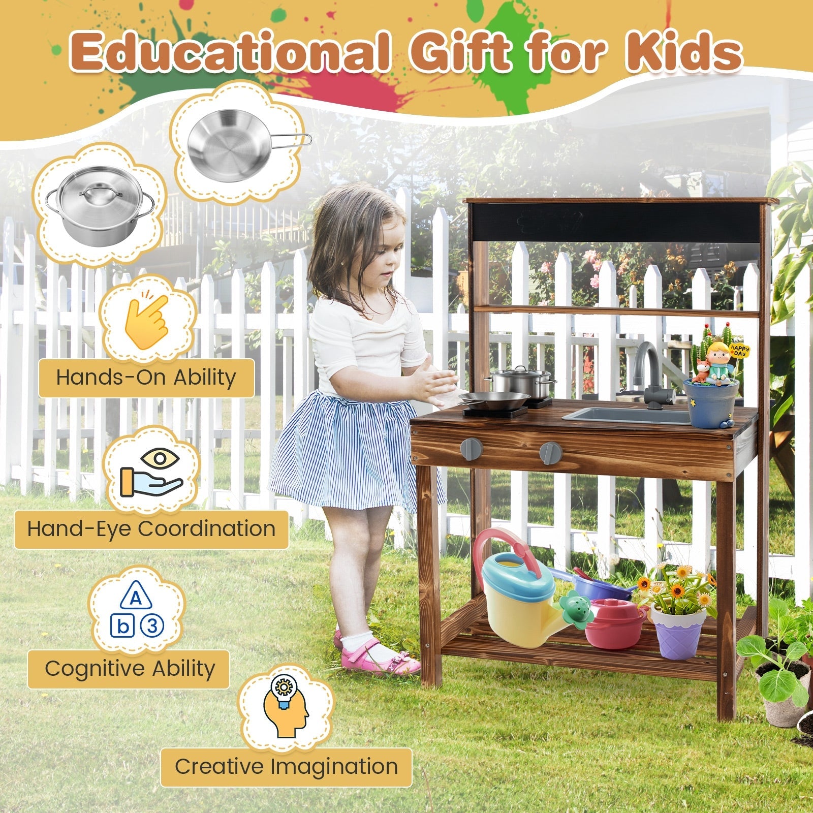 Best Outdoor Mud Kitchen for Kids - Rotatable Faucet & Removable Sink - Natural Wooden Play Kitchen - Perfect for Backyard, Garden & Pretend Play