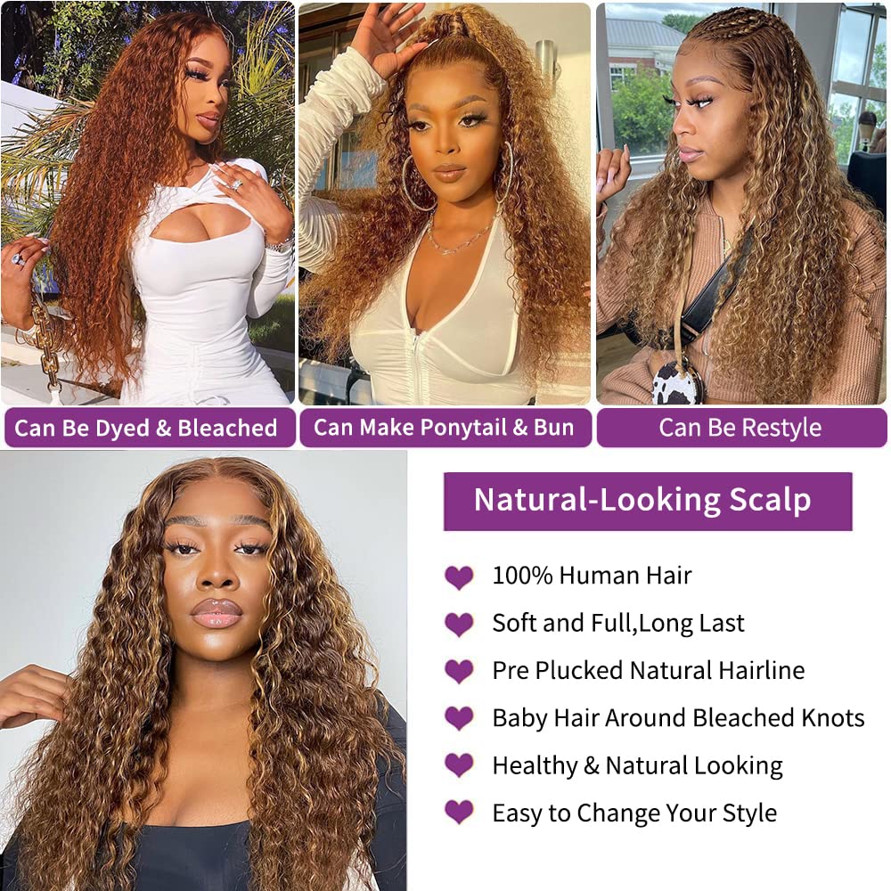 13x4 Transparent Lace Front Human Hair Wig - 28 Inch Ombre Honey Blonde to Brown Deep Curly Brazilian Virgin Hair - Pre Plucked 150 Density Lace Front Wig for Black Women | Perfect for Daily Wear, Parties & Special Occasions