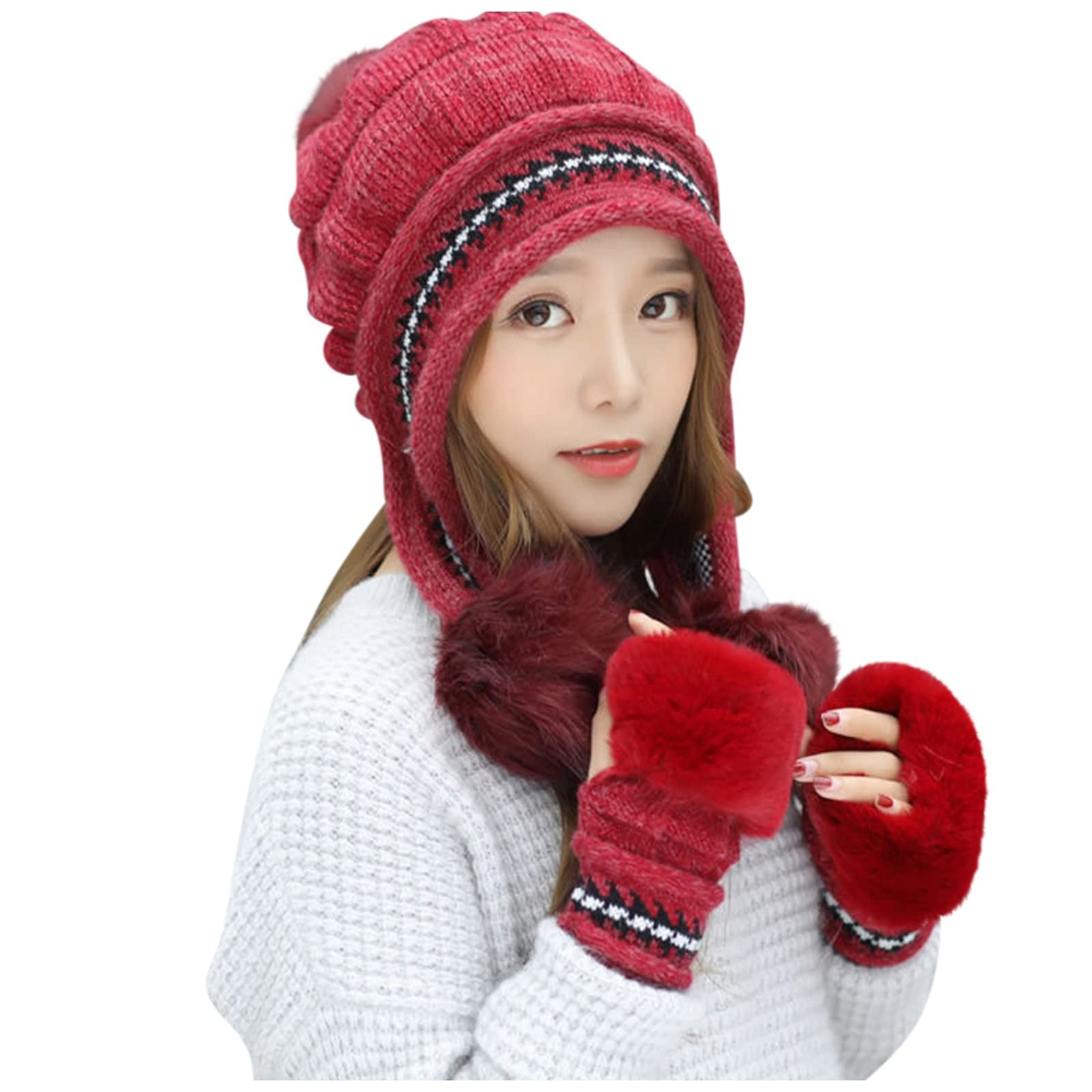 Women's Warm Knitted Wool Earflap Hat with Plush Ball - Soft Thick Winter Beanie for Cold Weather, Outdoor Activities & Beach