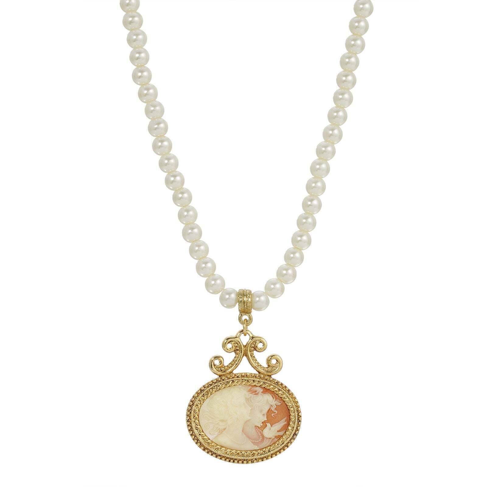 1928 Jewelry 5mm Faux Pearl Necklace with Twin Muse & Bird Cameo Pendant - 15